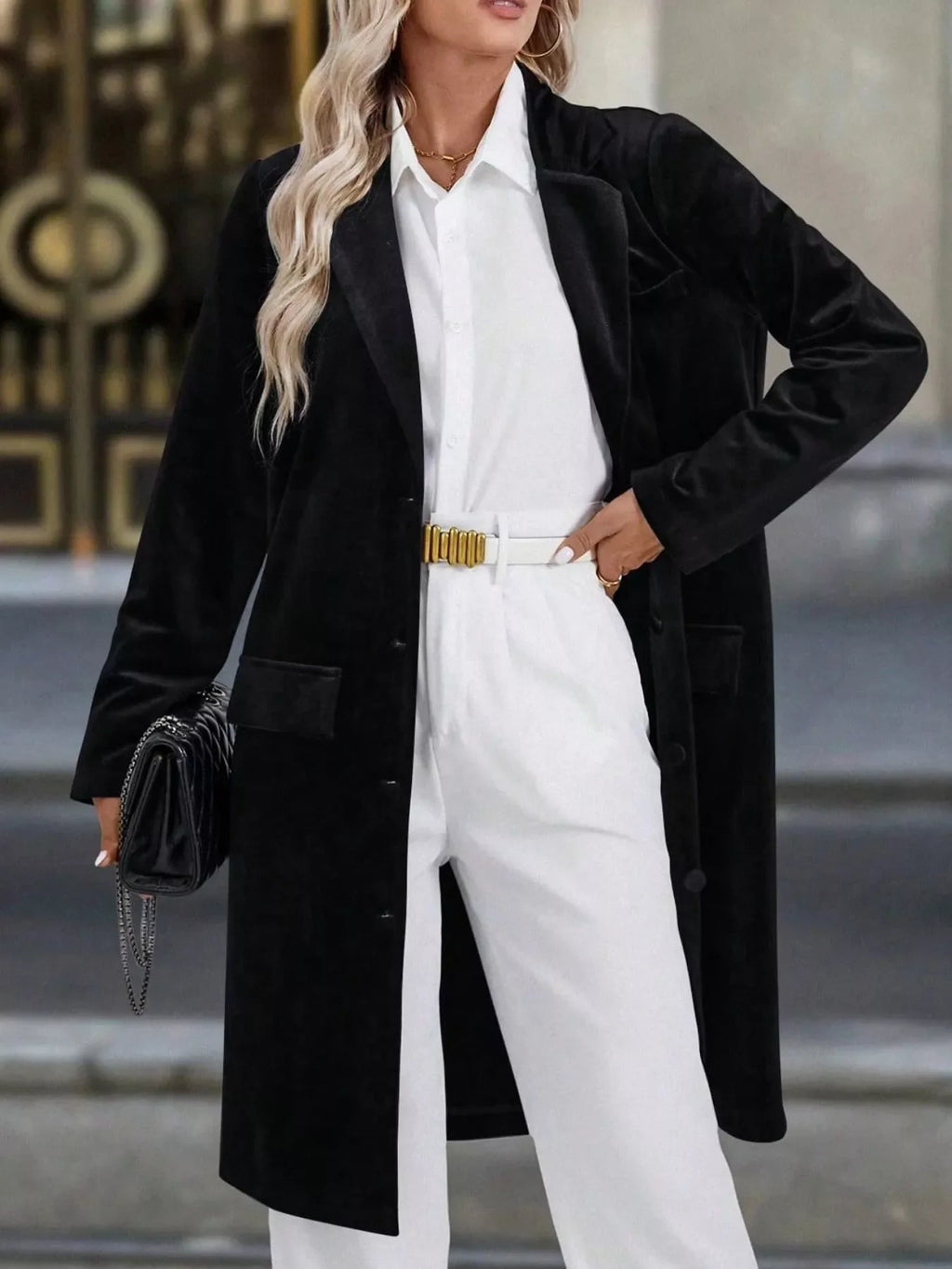 Lapel Collar Long Sleeve Longline Coat