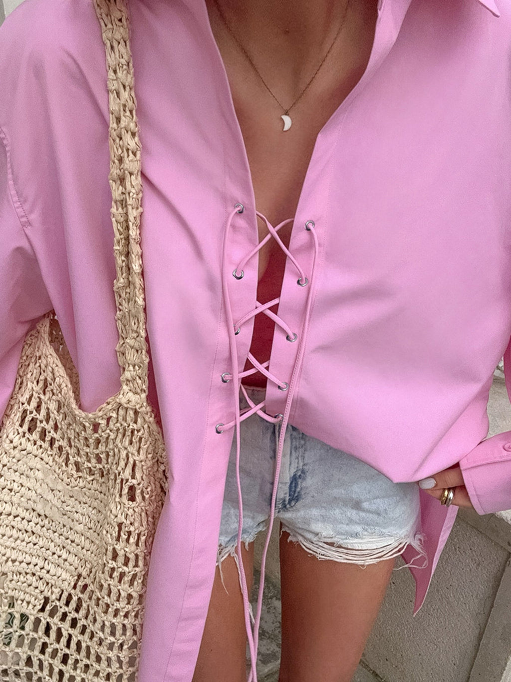 Lace-Up Front Oversized Shirt