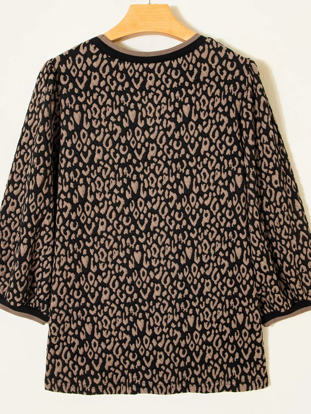 Leopard Print Puffy Bracelet Sleeve Contrast Trim Round Neck Top