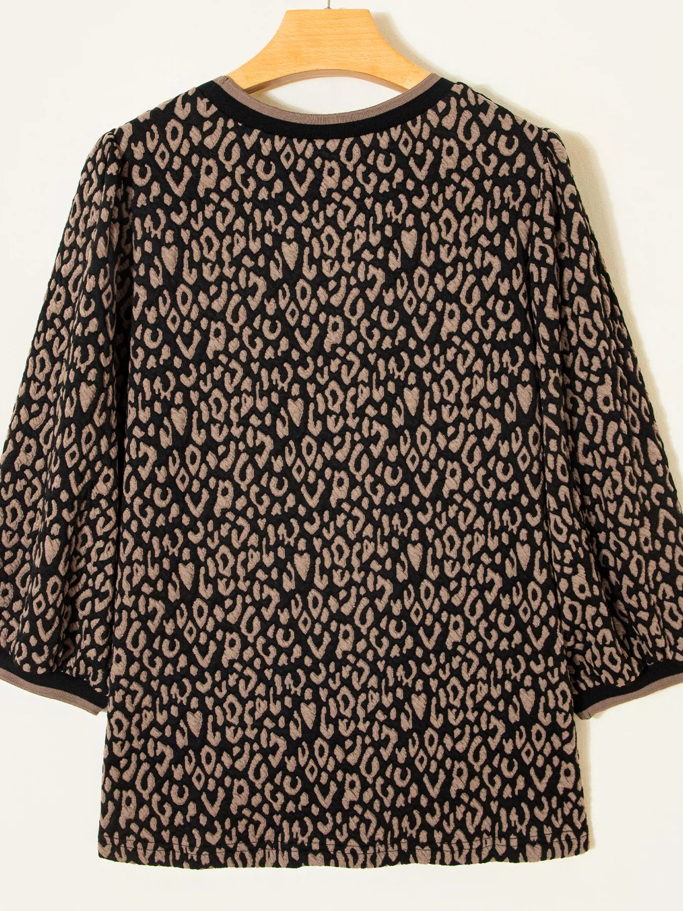 Leopard Print Puffy Bracelet Sleeve Contrast Trim Round Neck Top