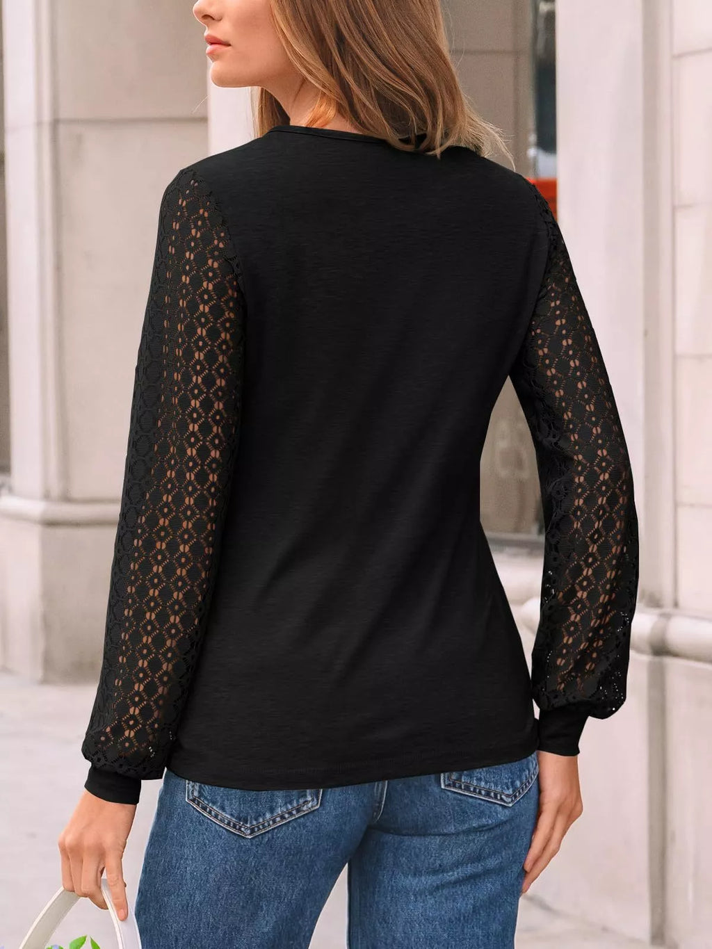 Lace Sleeve Crew Neck T-Shirt