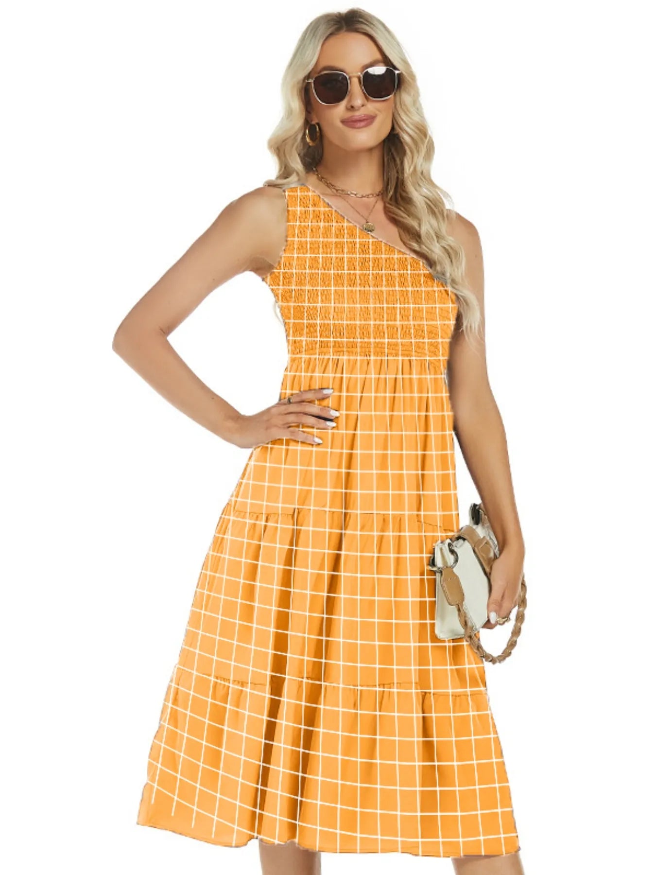 One-Shoulder Tiered Midi Dress with Smocked Bodice