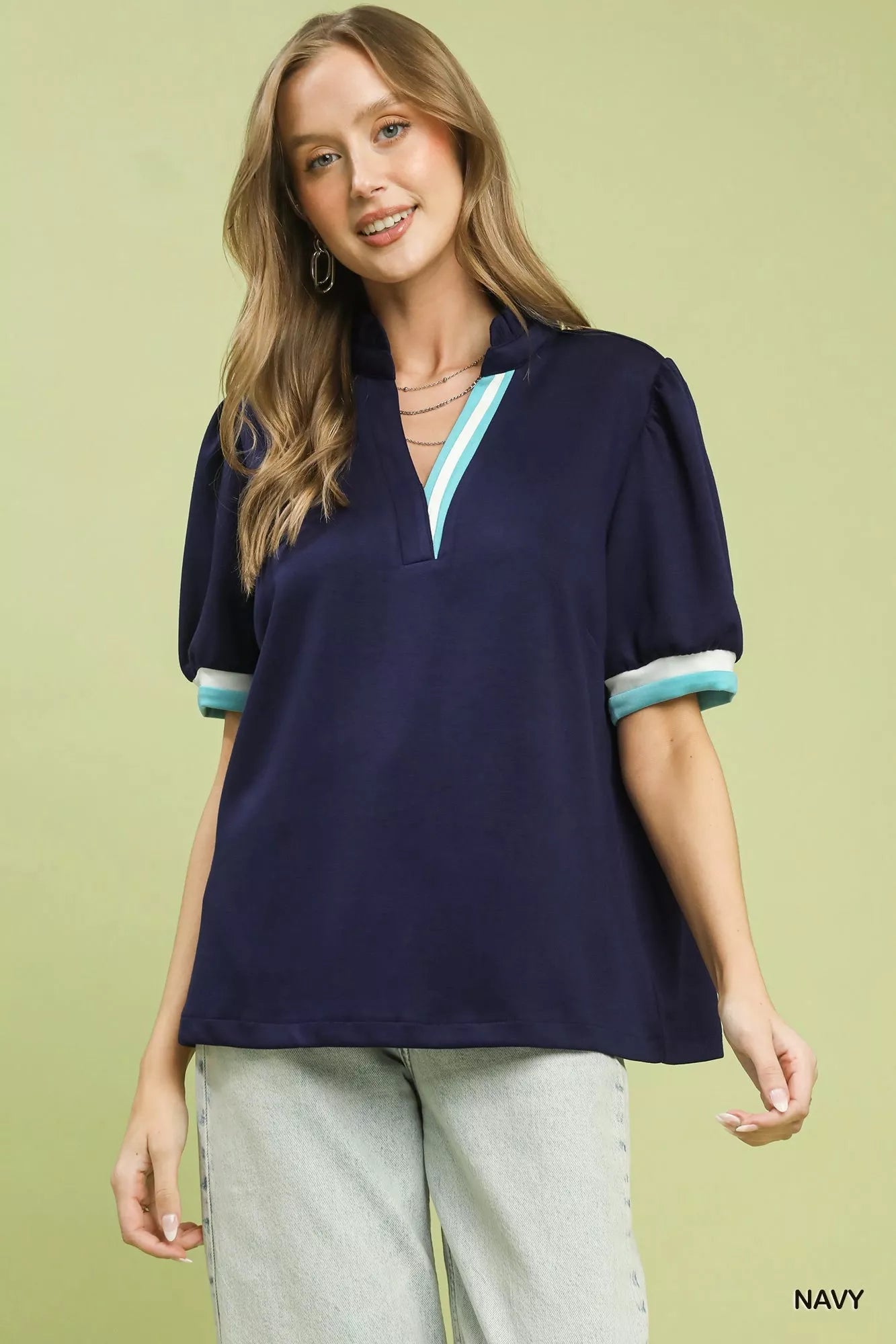 Umgee Luxe knit Contrast Trim Puff Sleeve Top