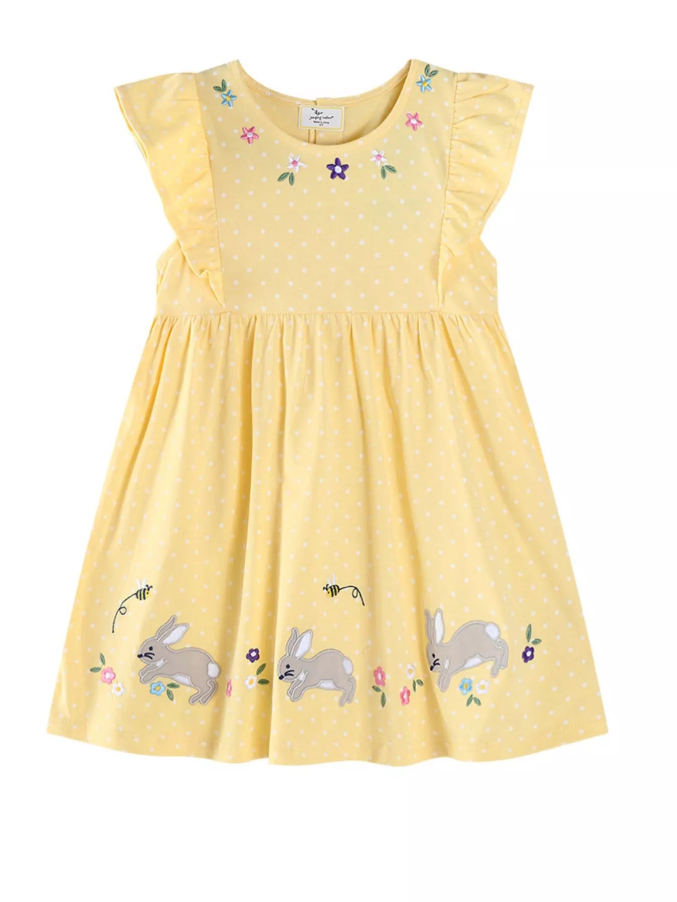 Children's Floral Bunny Embroidered Polka Dot Dress