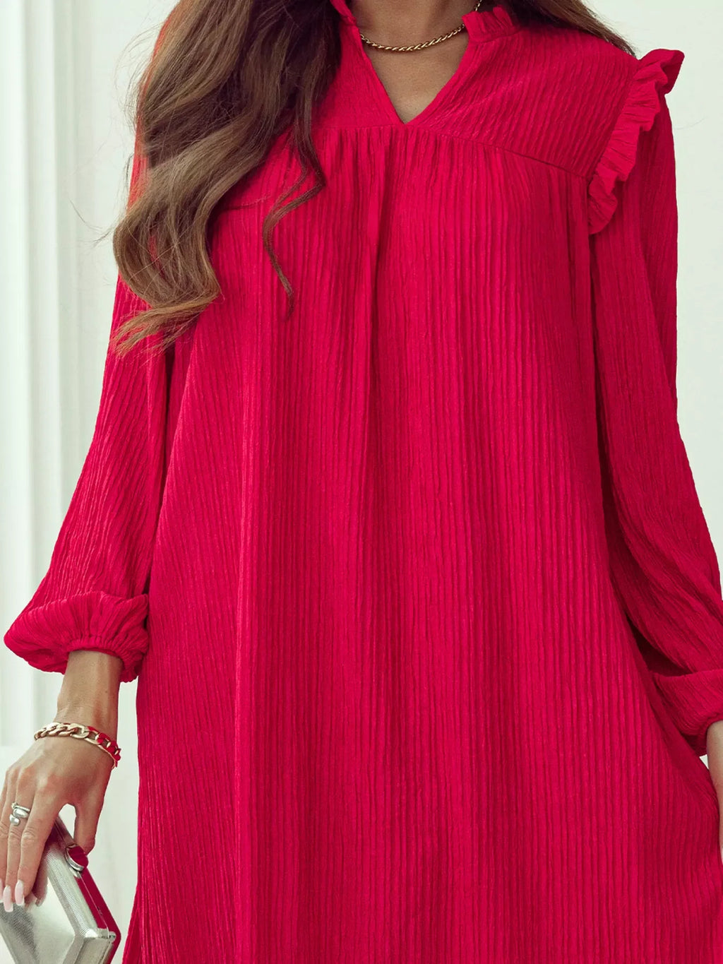 Textured Ruffled Trim Loose Fit Mini Dress