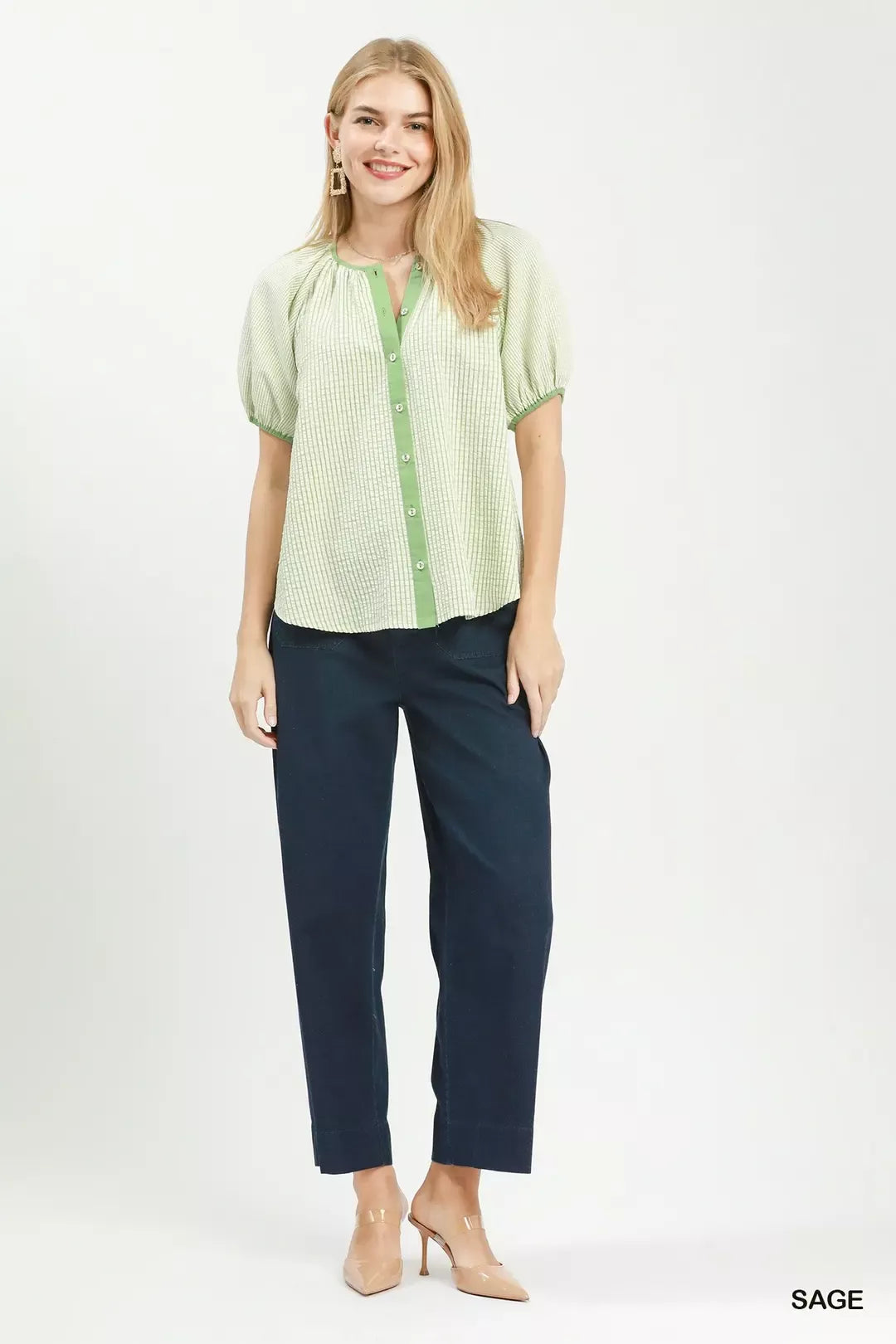 Umgee Checker Puff Sleeve Button Front Blouse