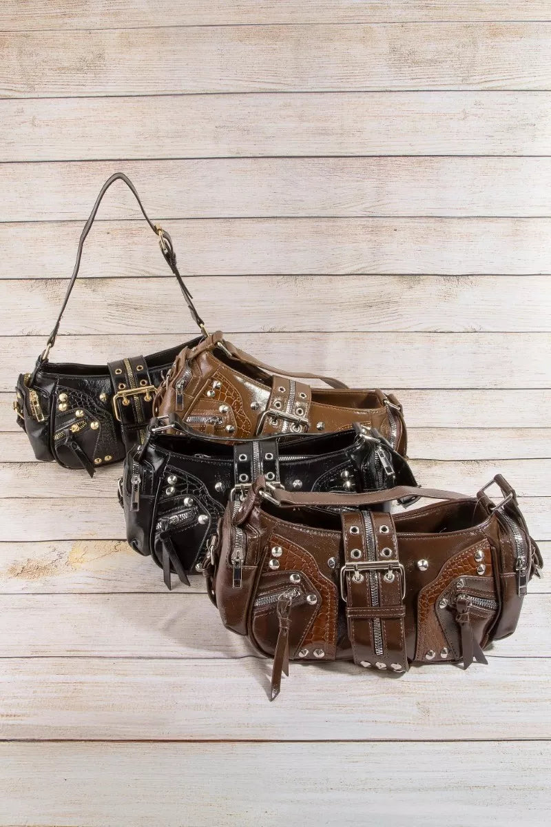 Fame Rivet Detail Leather Shoulder Bag