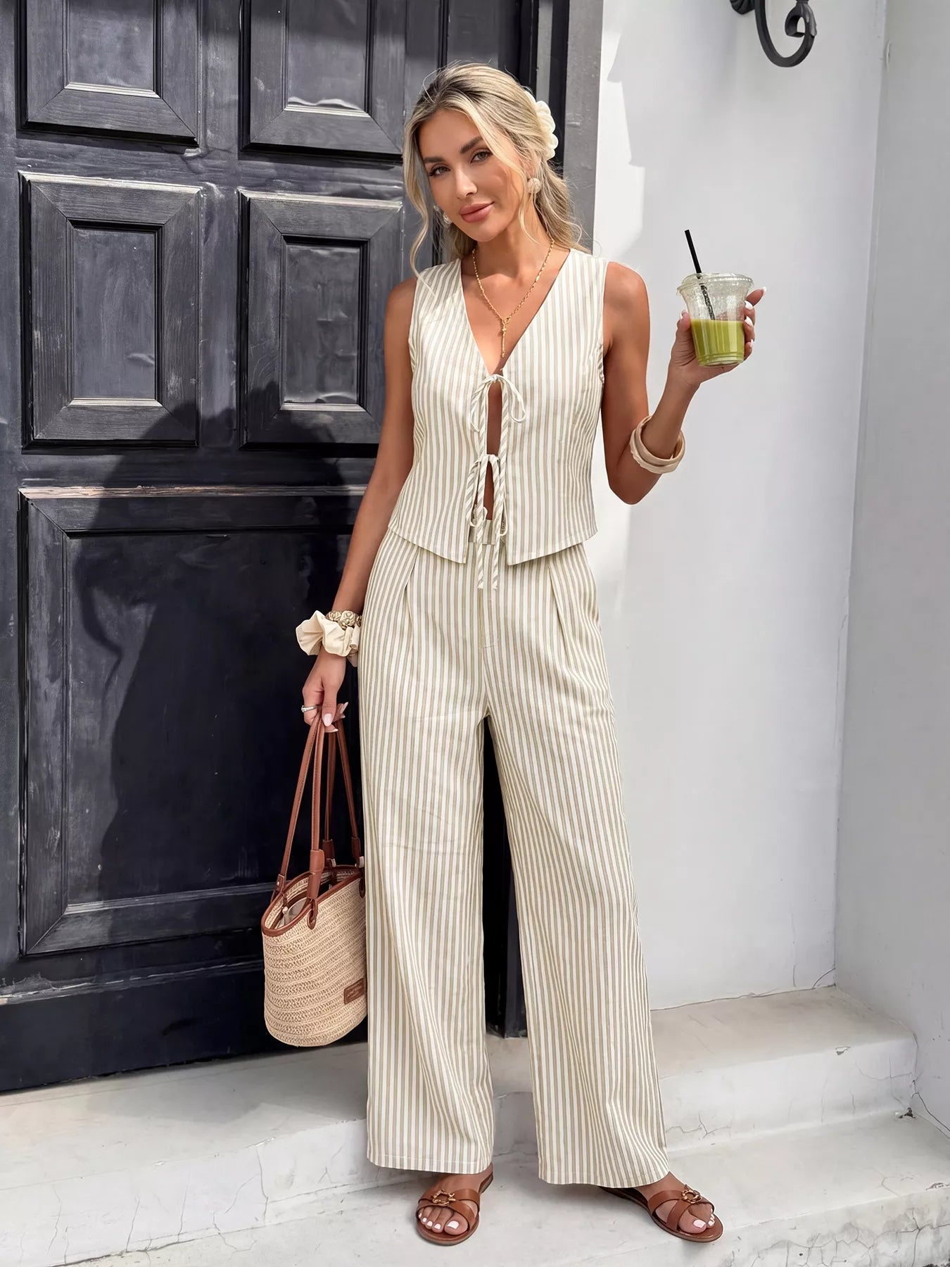 Striped Vest & Wide Leg Pants Set
