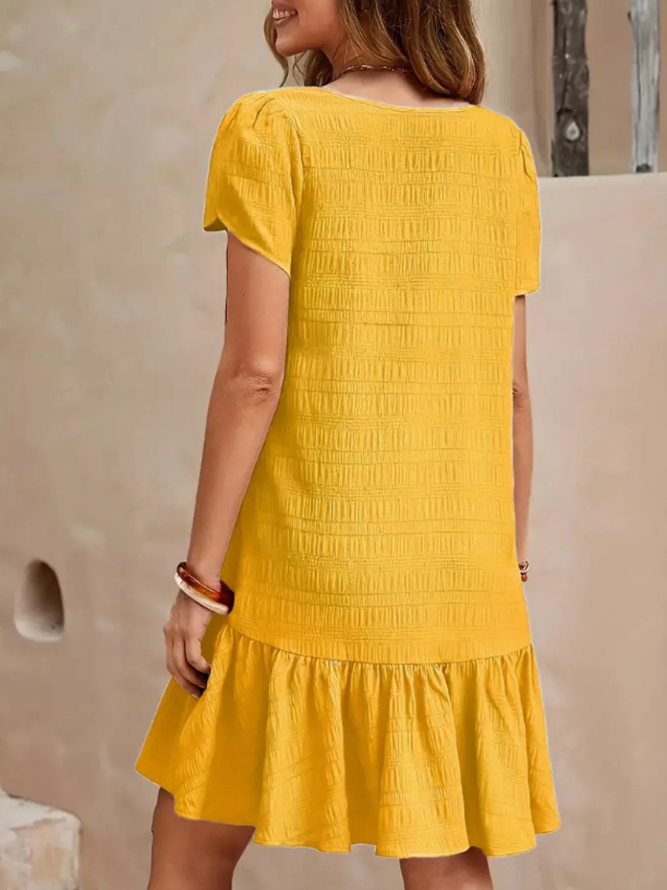 V-Neck Ruffle Hem Textured Mini Dress