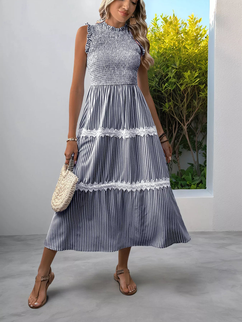 Smocked Striped Lace Trim Sleeveless Midi Dress