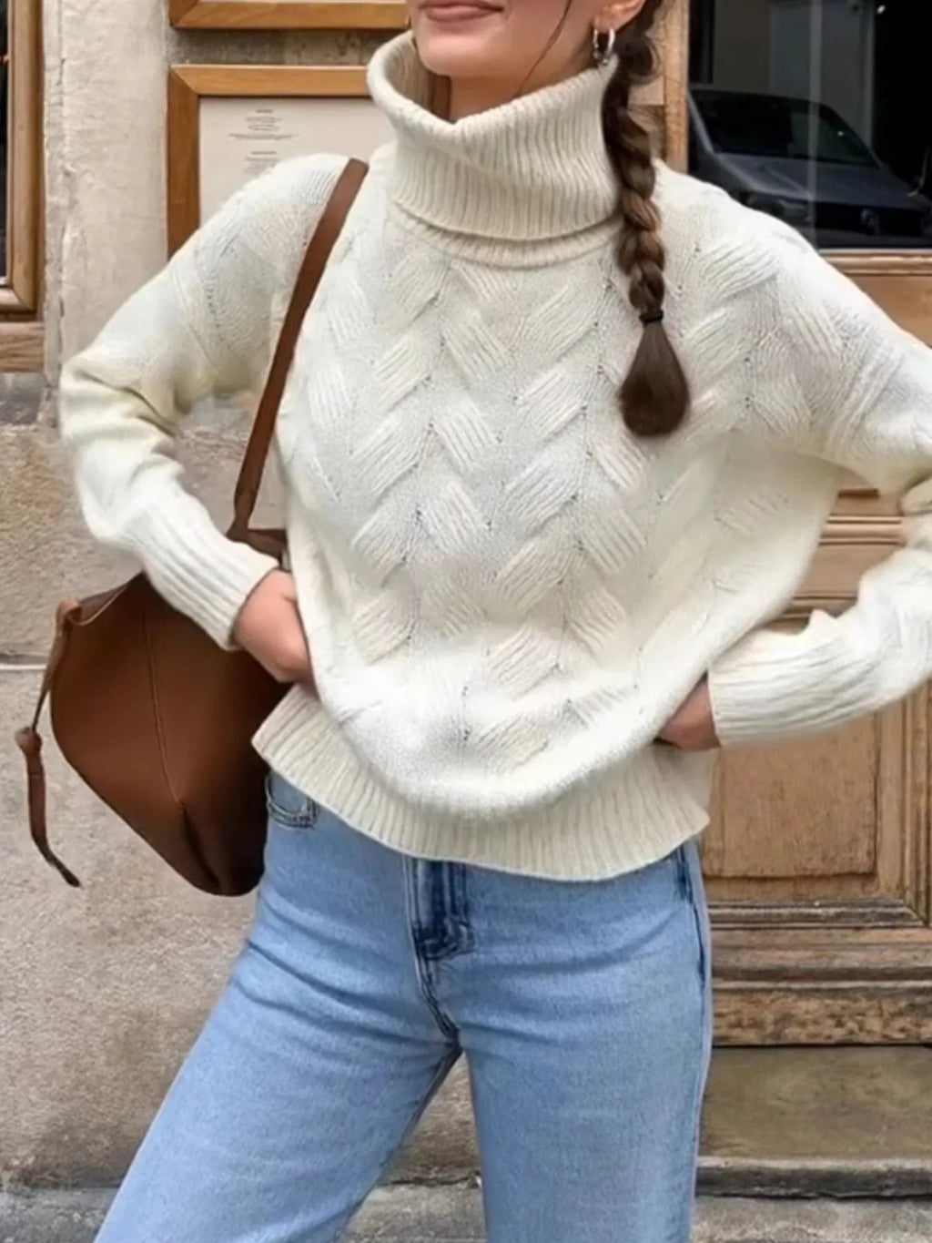 Ribbed Hem Turtleneck Long Sleeve Sweater