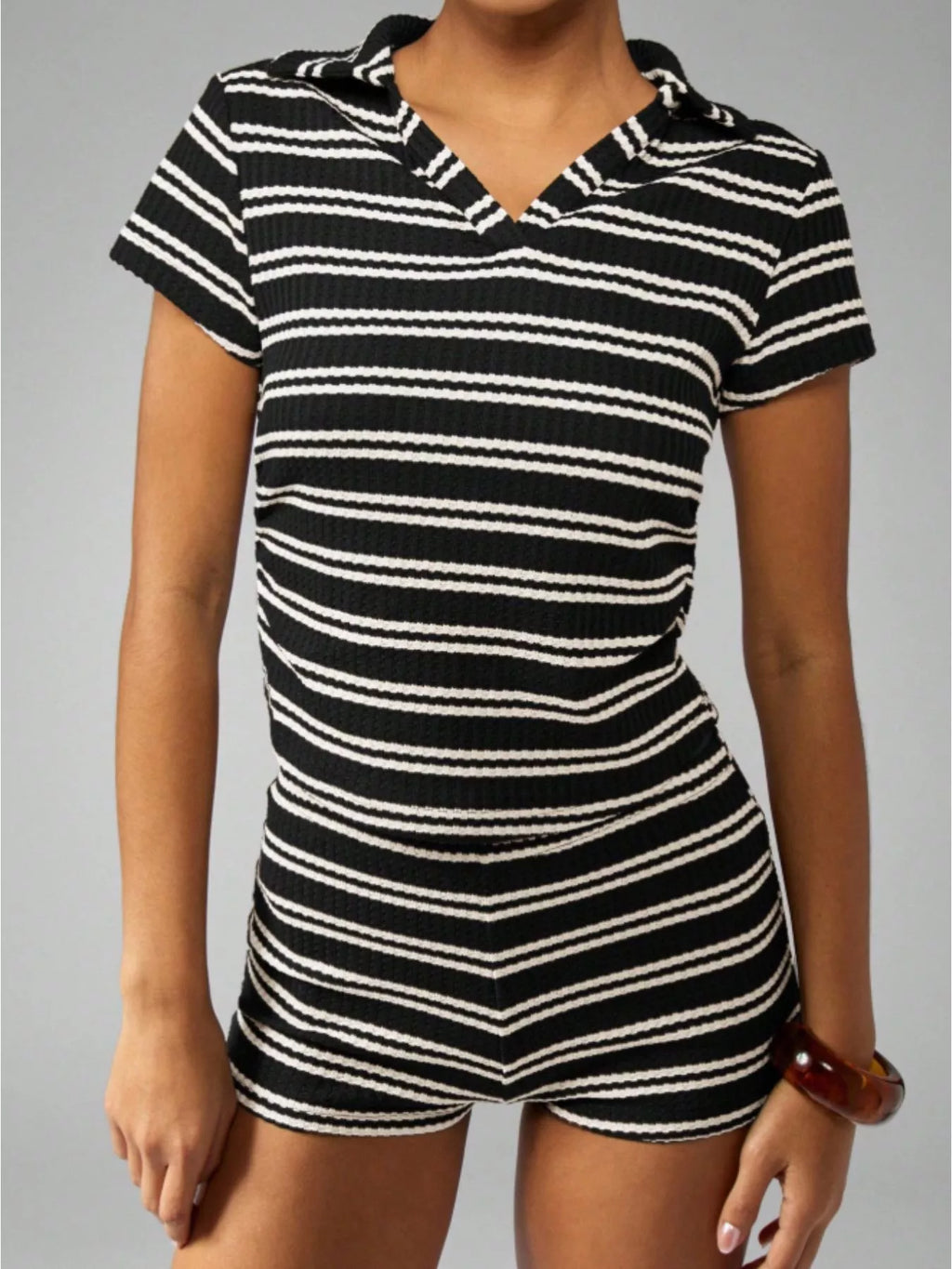 Striped Knit Short Sleeve Top & Shorts Set