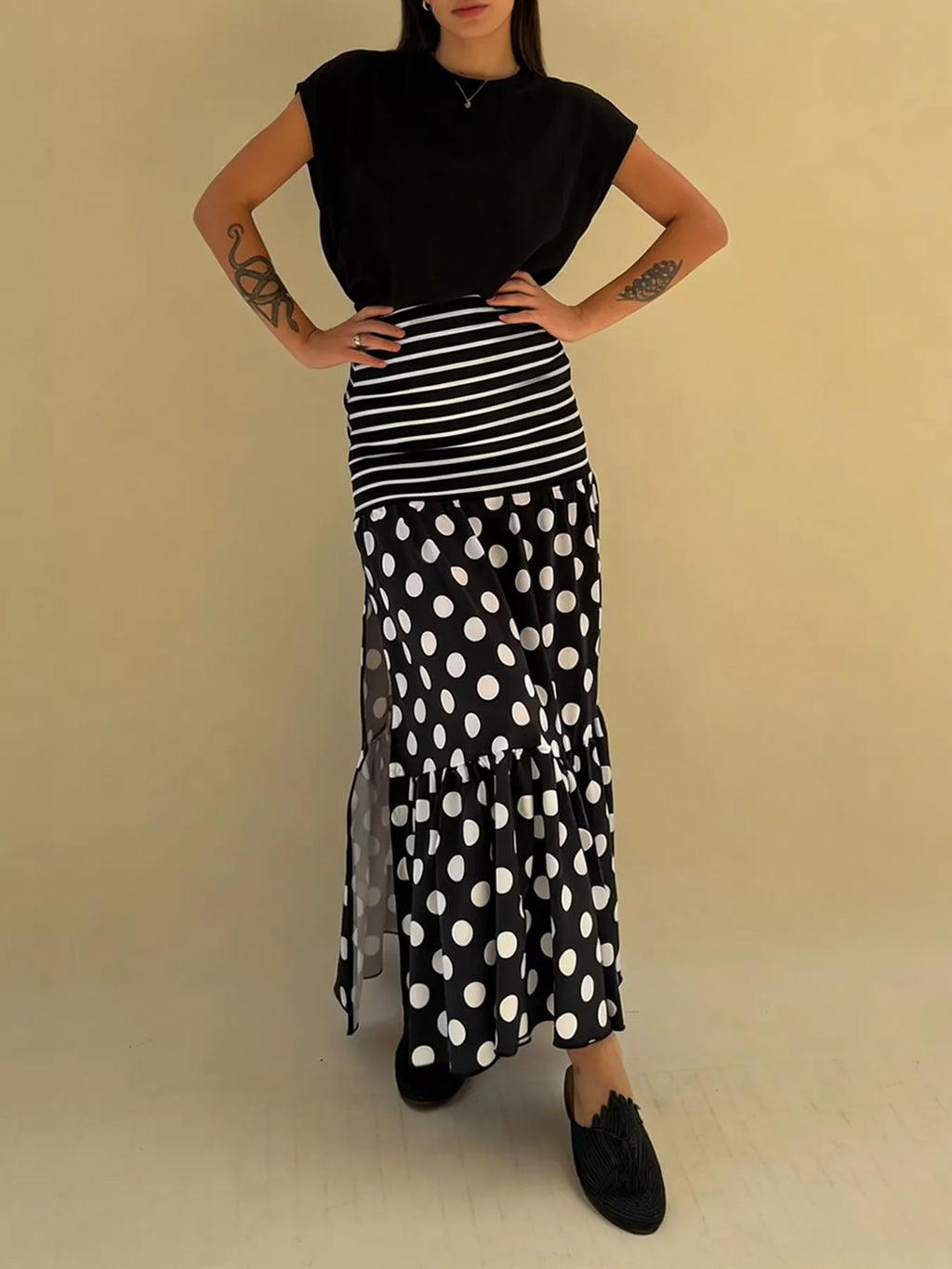 Polka Dot Striped Slit Maxi Skirt