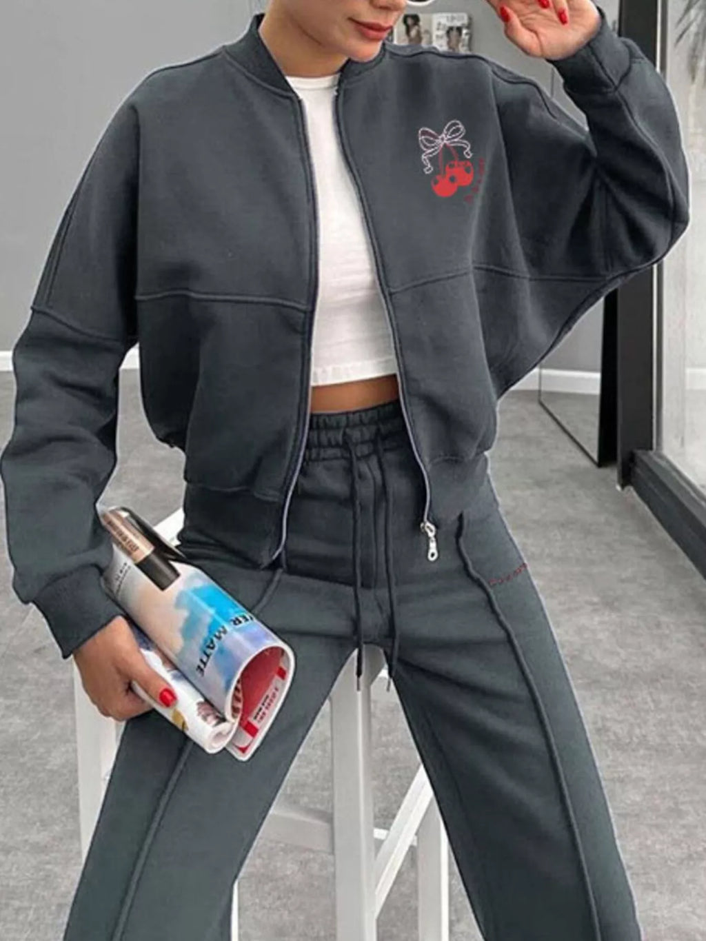 Zip Up Dropped Shoulder Outerwear and Pants Set