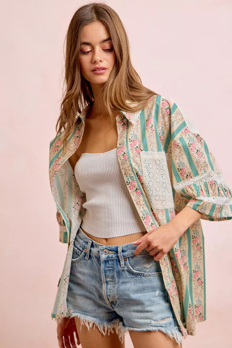 BiBi Eyelet Lace And Floral Mix And Match Shirt Top