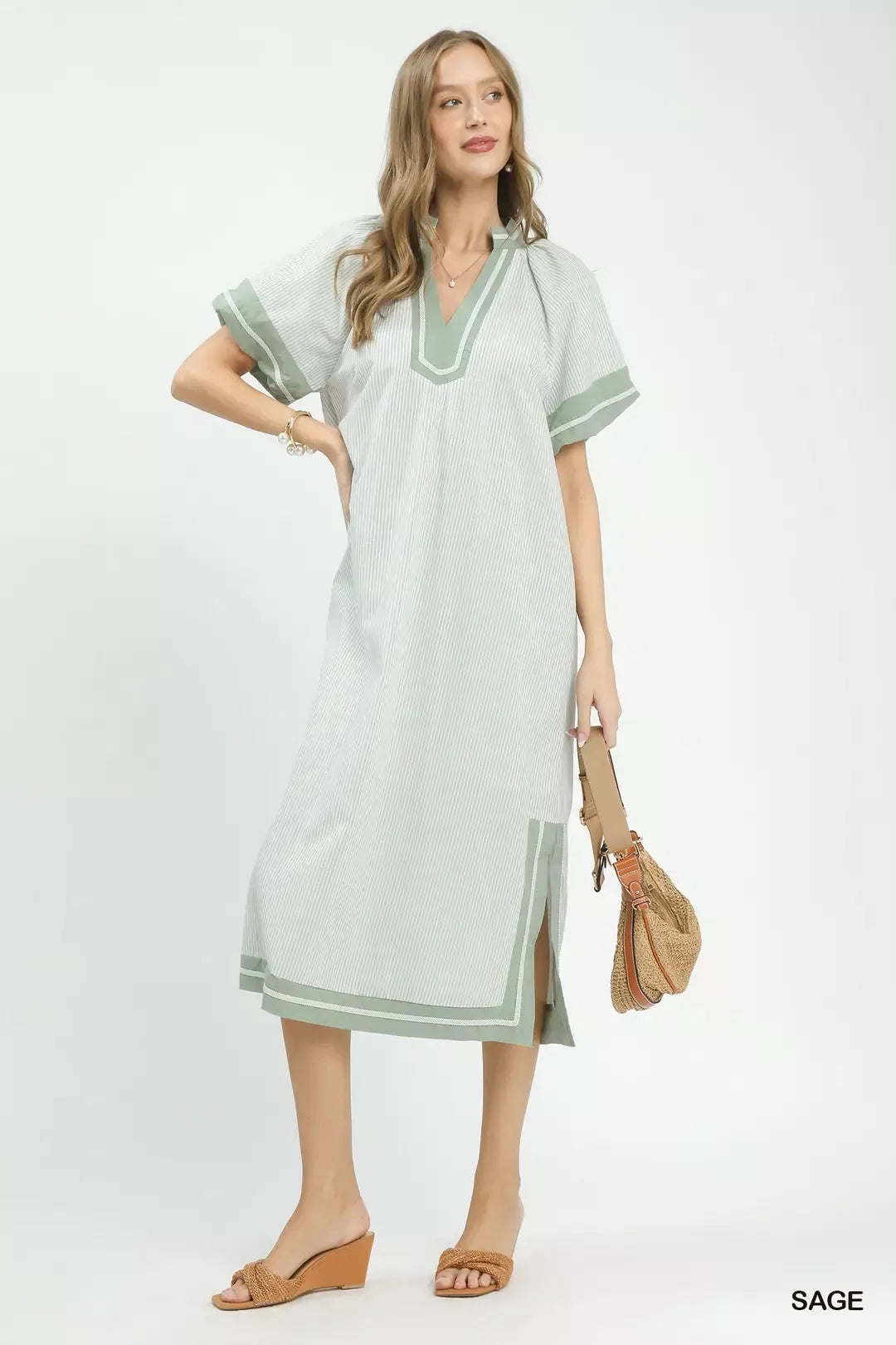 Umgee Pinstripe Contrast Trim Midi Dress