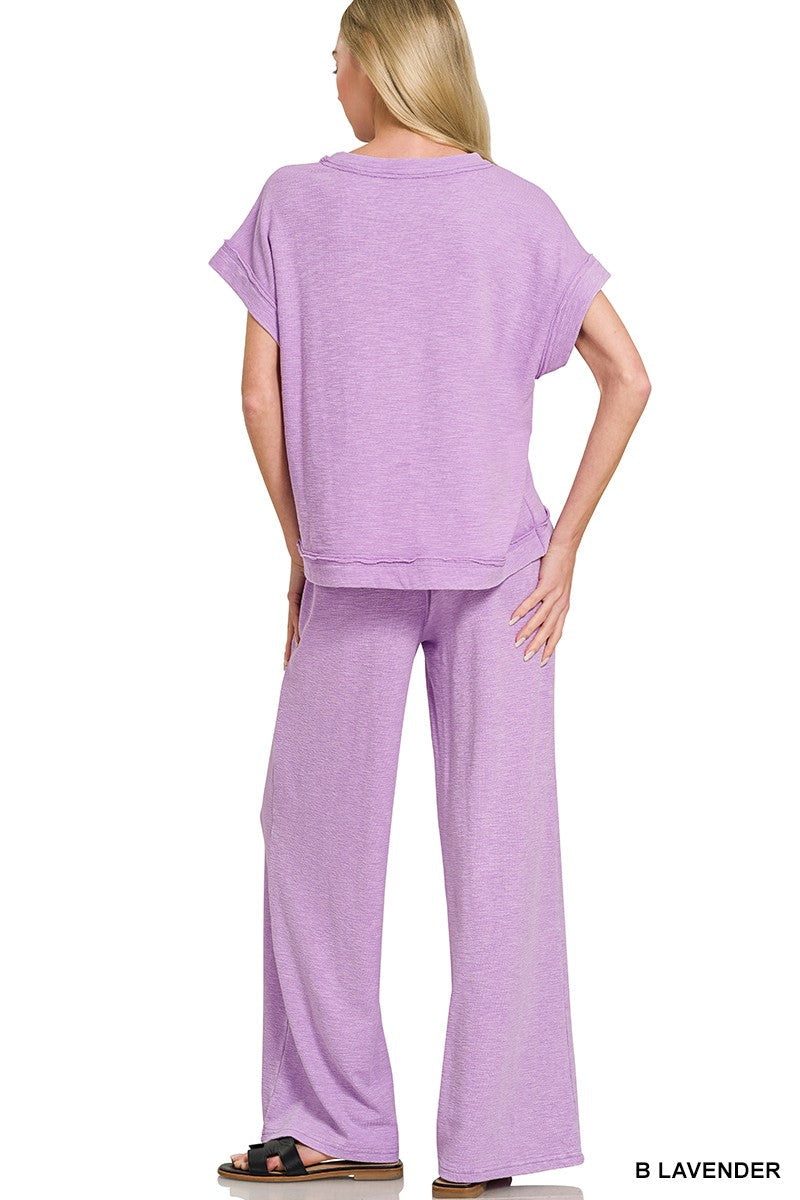 Zenana Washed Slub Short Sleeve Tee & Long Pants Set