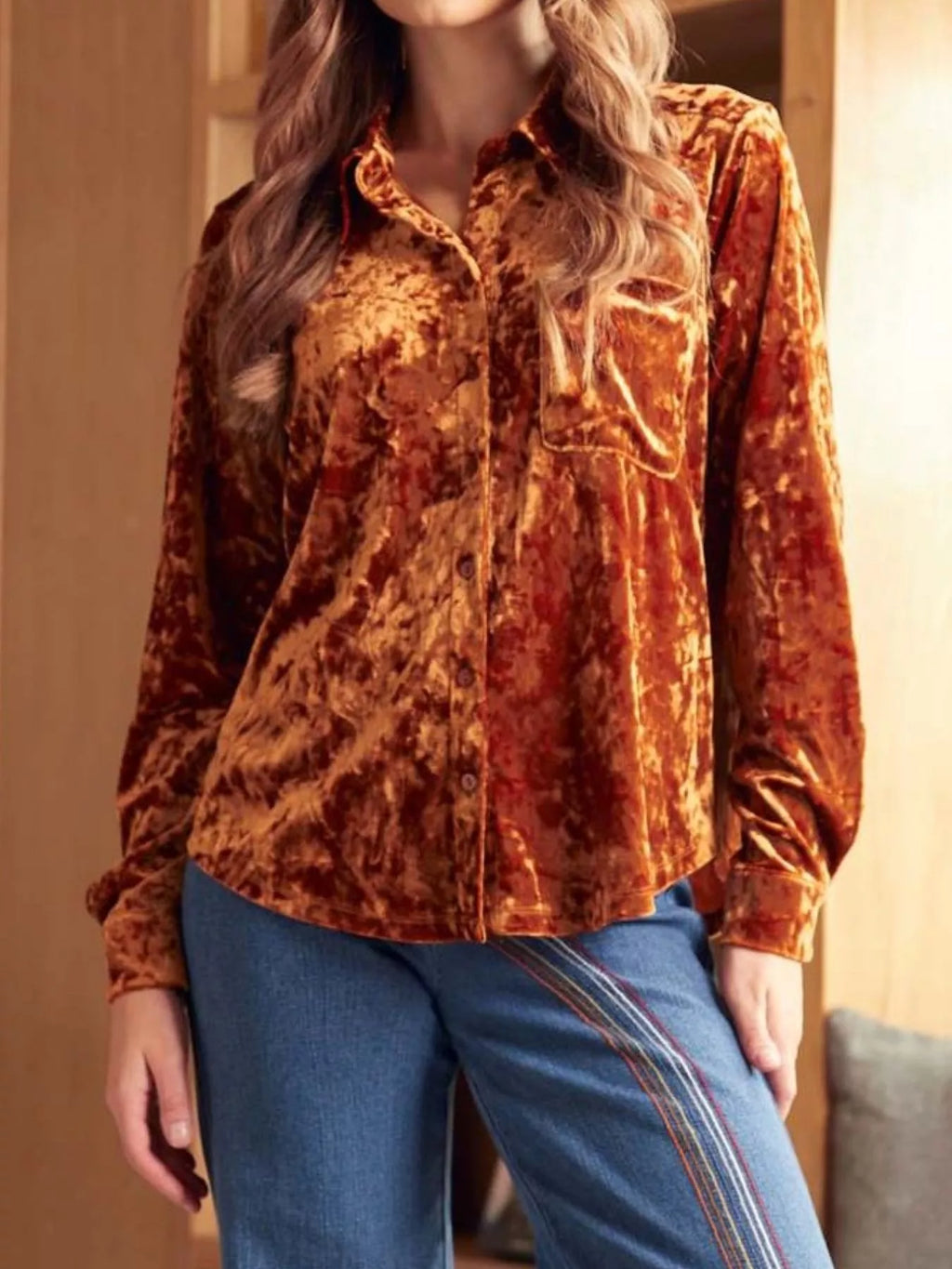 Velvet Button-Down Long Sleeve Shirt