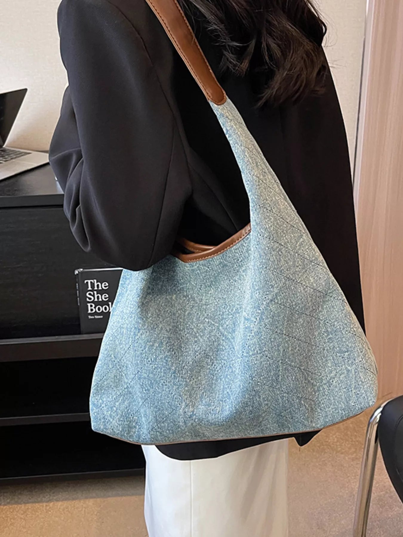 Denim Shoulder Bag with Leather Trim