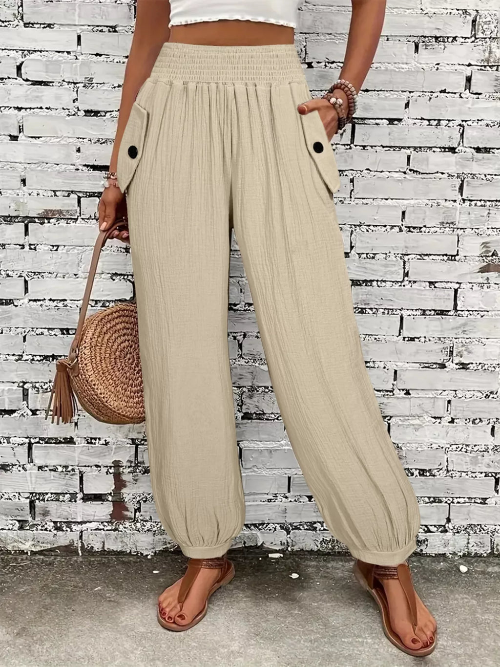 Smocked Textured Casual Pants
