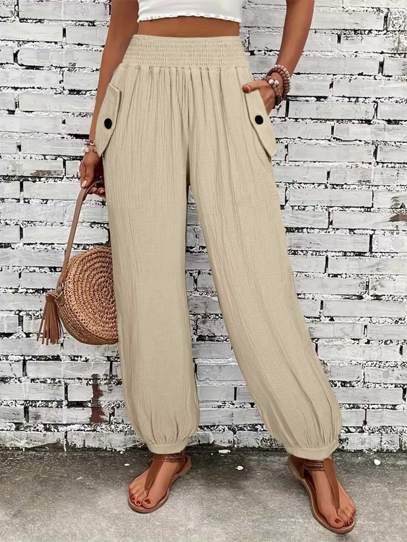 Smocked Textured Casual Pants