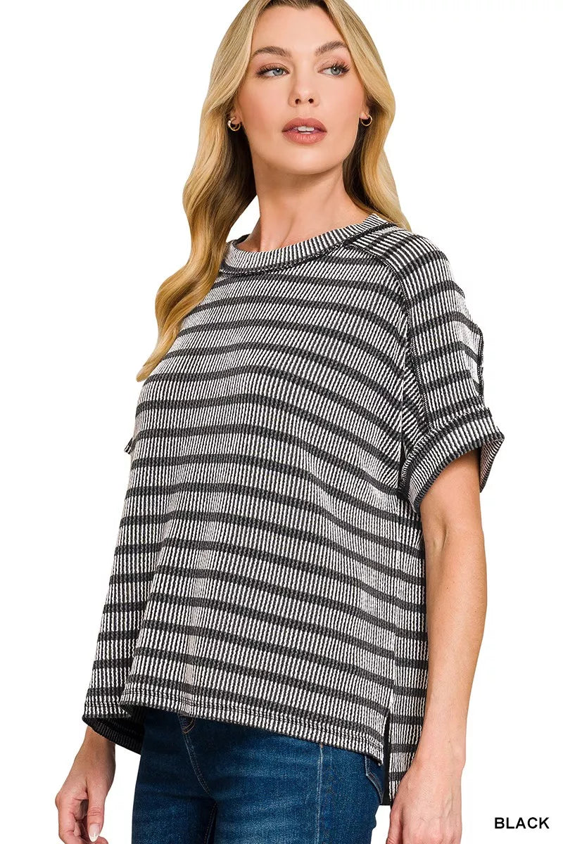 Zenana Raised Rib Striped Exposed Seam Top
