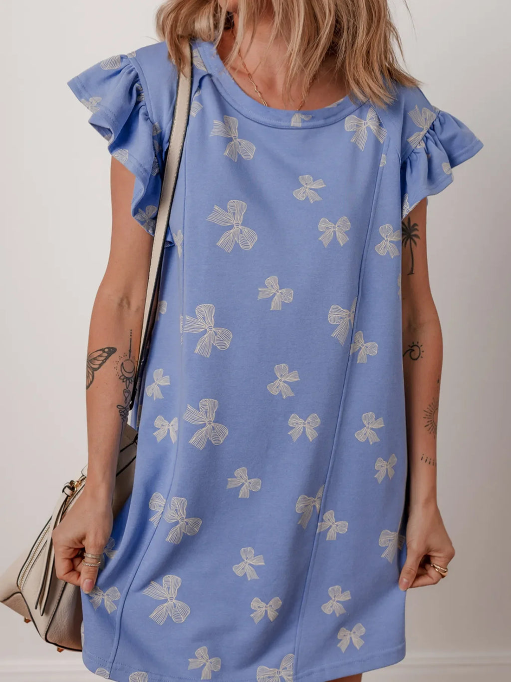 Bow Knot Print Crewneck Ruffled Sleeve Shift Mini Dress
