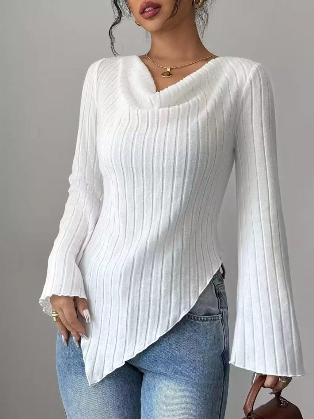 Cowl Neck Ribbed Knit T-Shirt