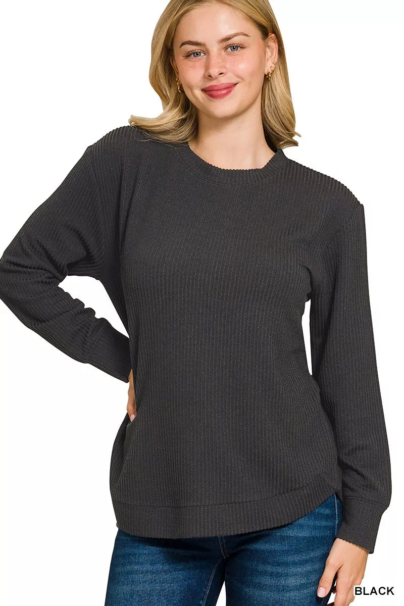 Zenana Full Size Raised Rib Round Neck Long Sleeve Top Plus Size