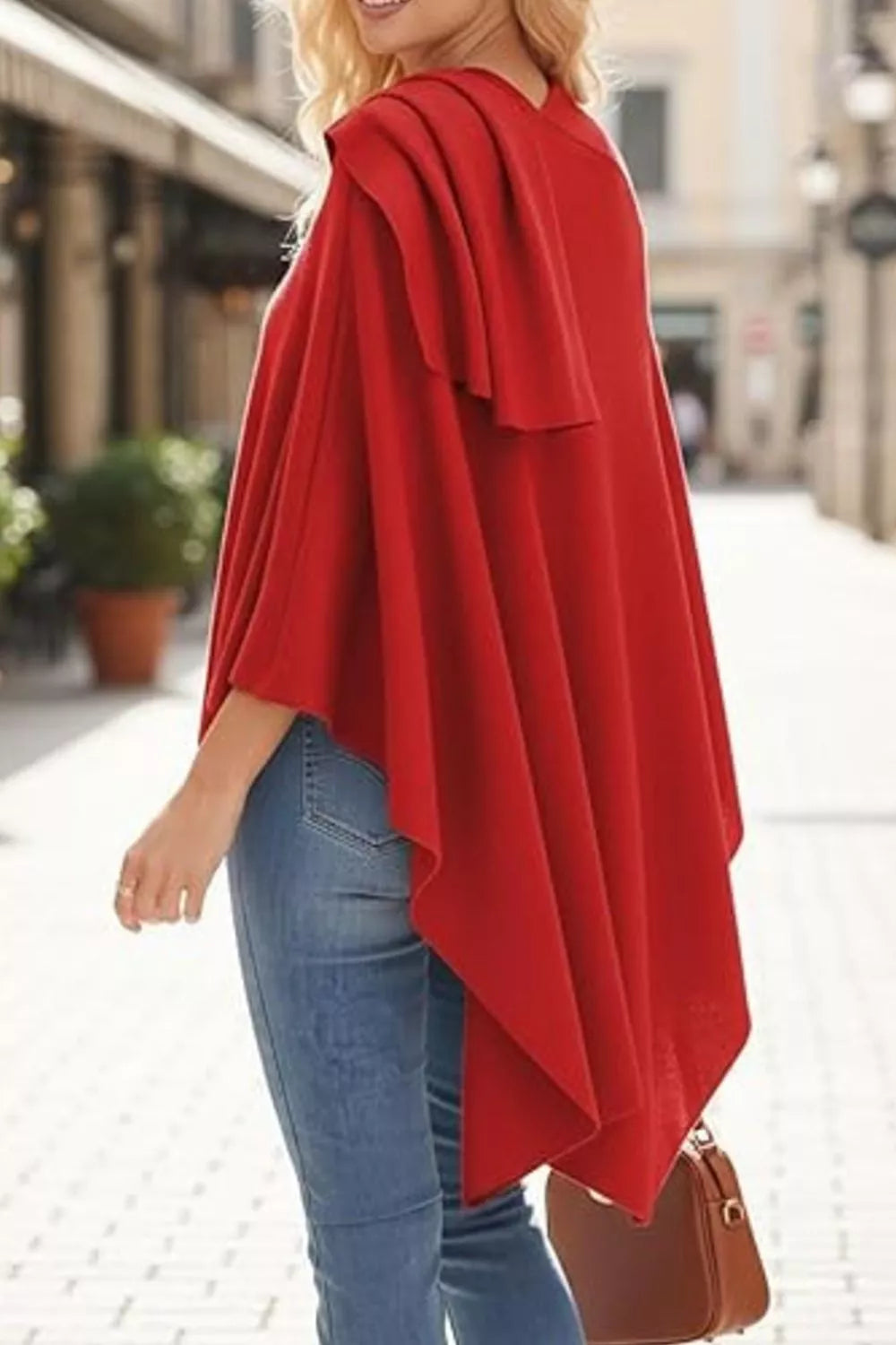 Draped Knitted Split Cape Shawl with Strap