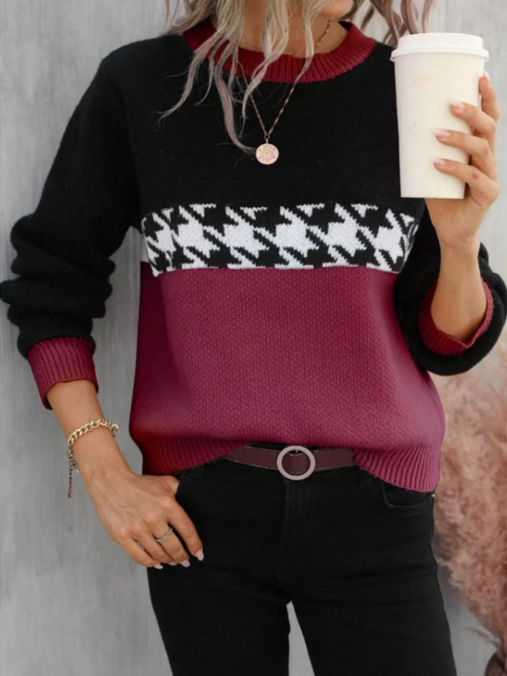Color Block Houndstooth Sweater