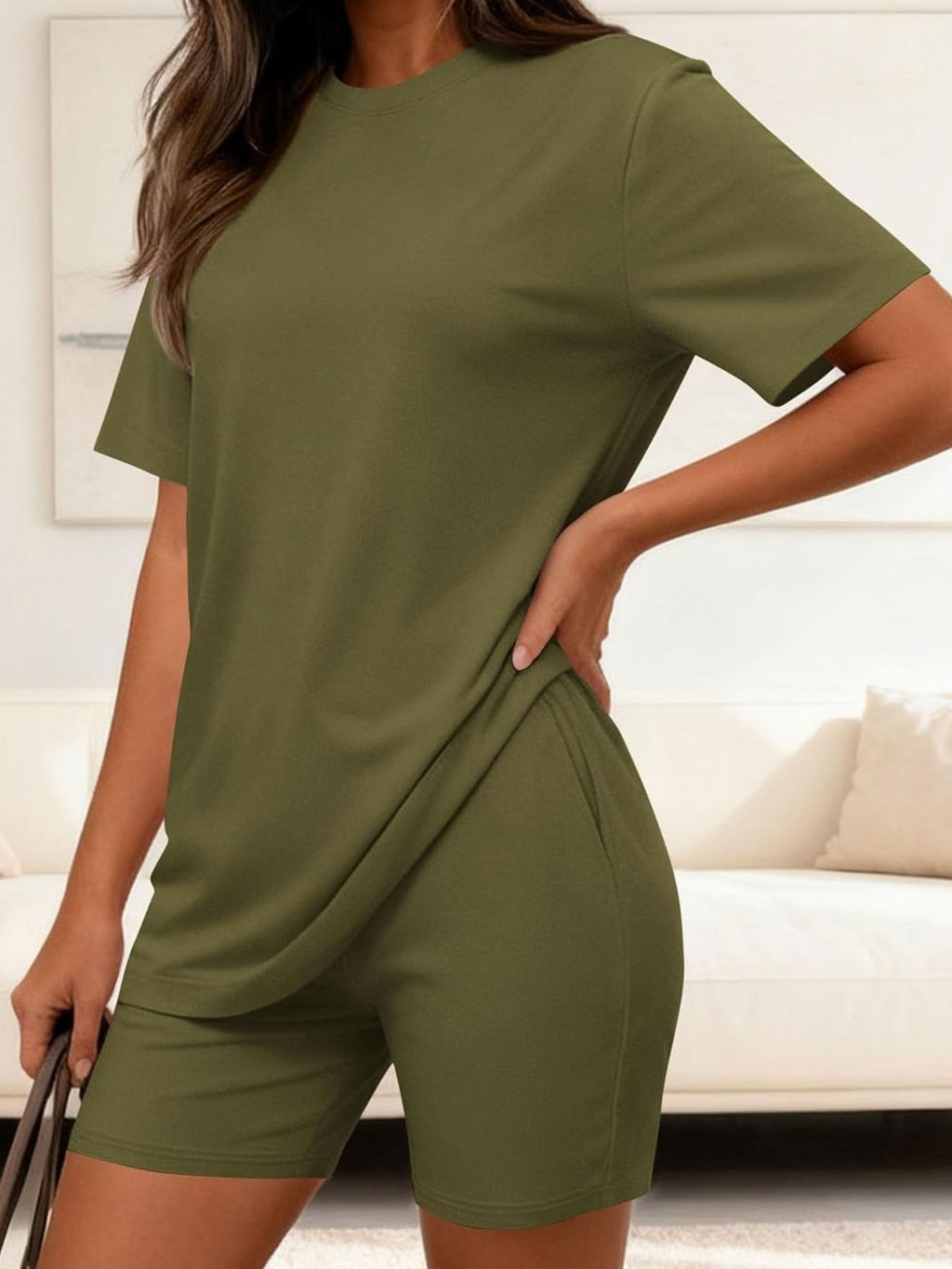 Round Neck Short Sleeve Top and Shorts Set