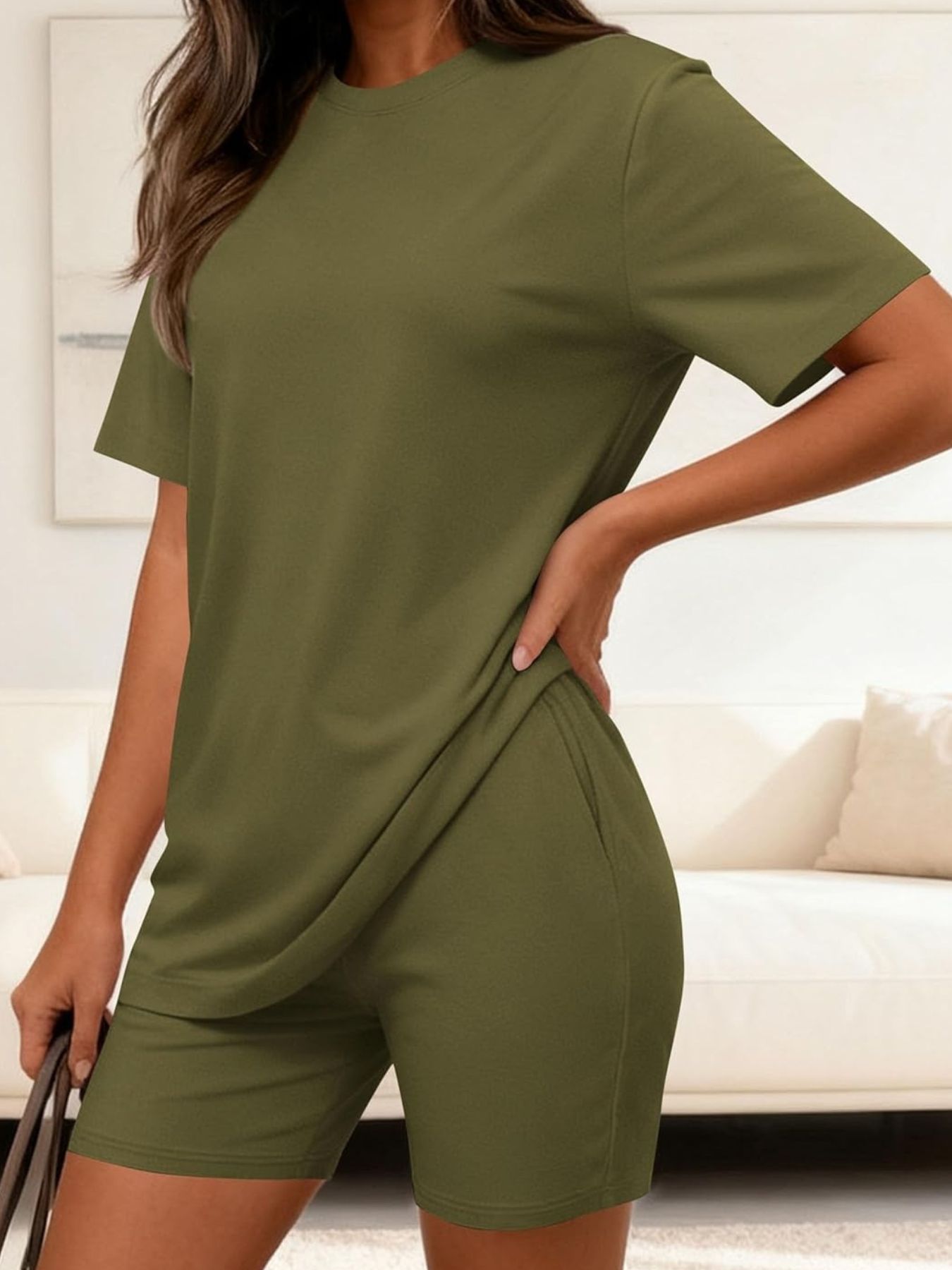 Round Neck Short Sleeve Top and Shorts Set