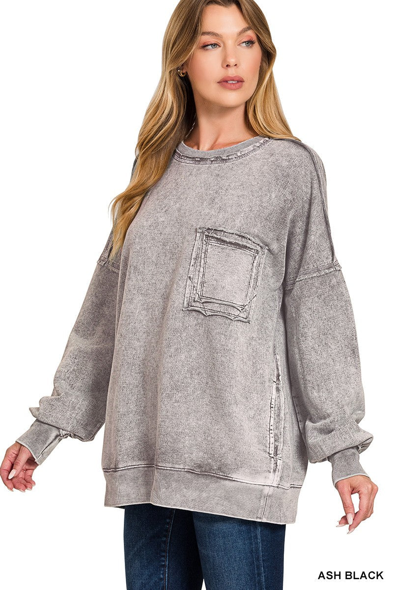 Zenana Halo Washed French Terry Exposed-seam Sweatshirt