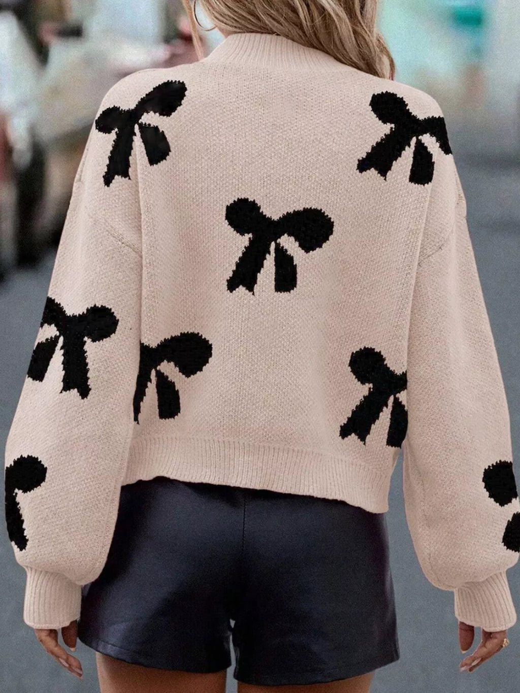 Pearl Embellished Bow Pattern Loose Sweater