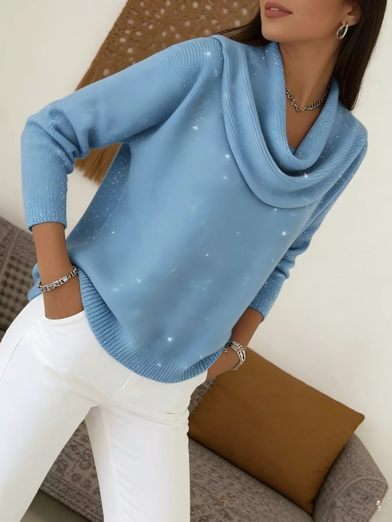 Full Size Glitter Cowl Neck Long Sleeve Sweater Plus Size