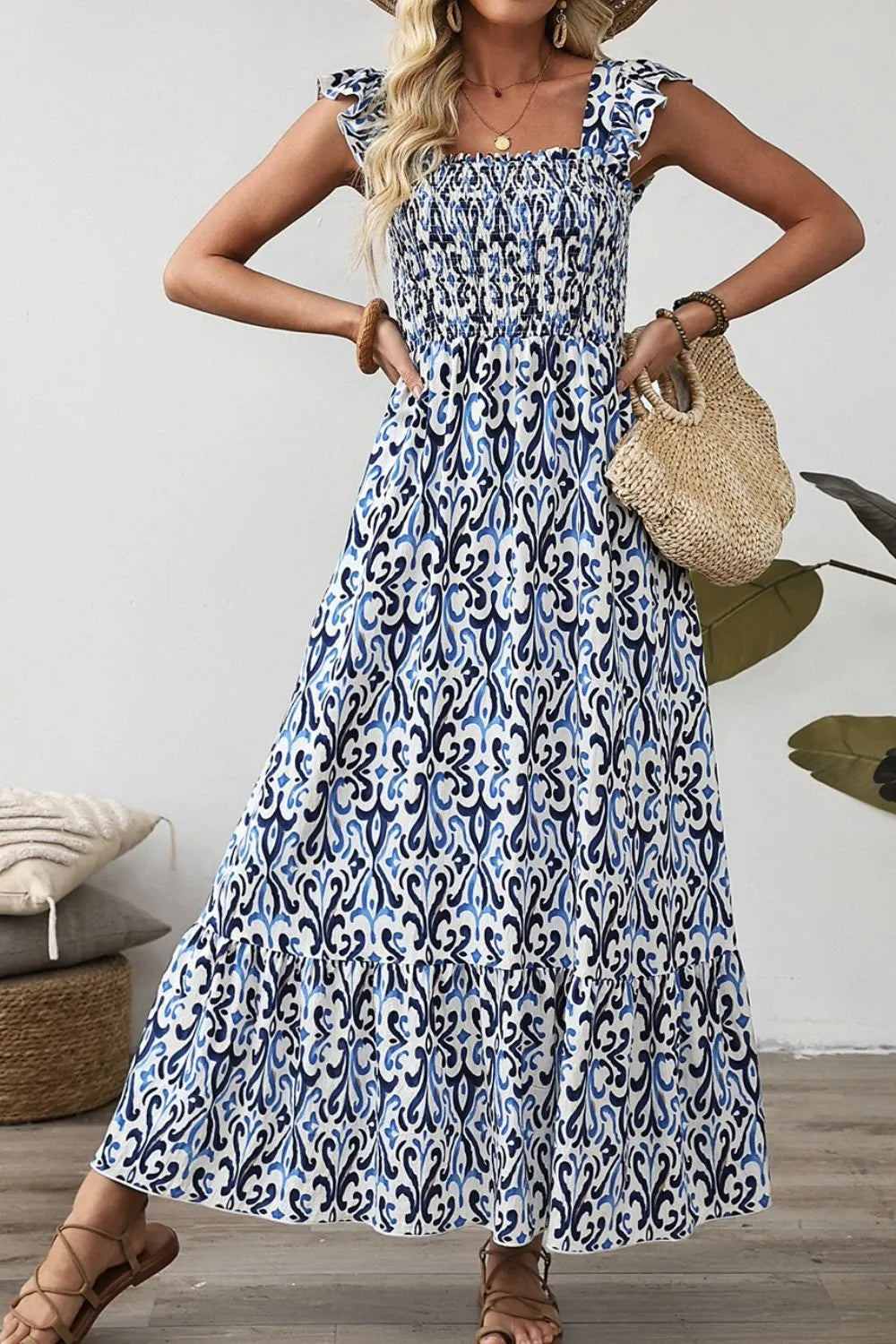 Smocked Printed Square Neck Dress