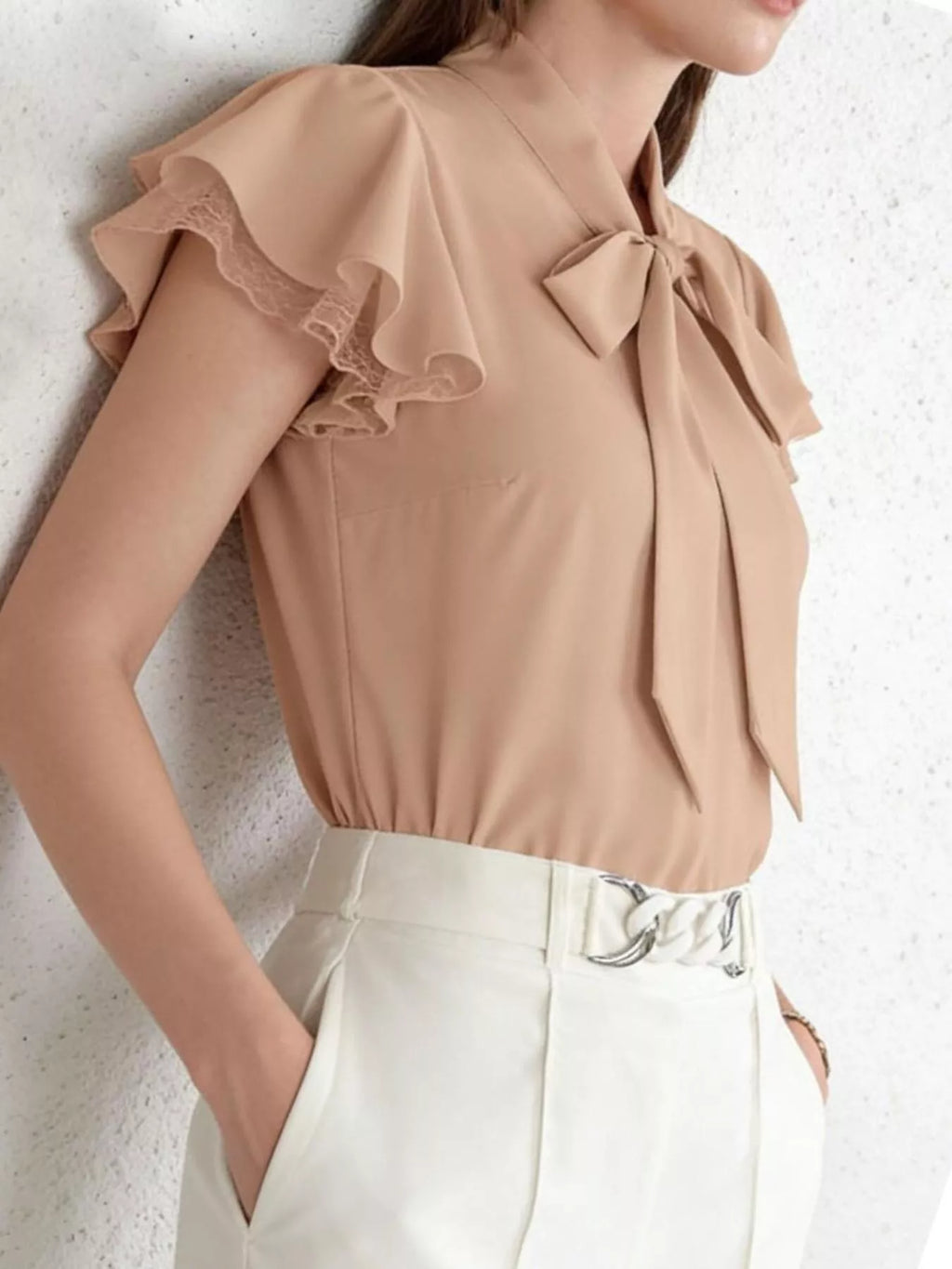 Tie-Neck Ruffle Sleeve Blouse