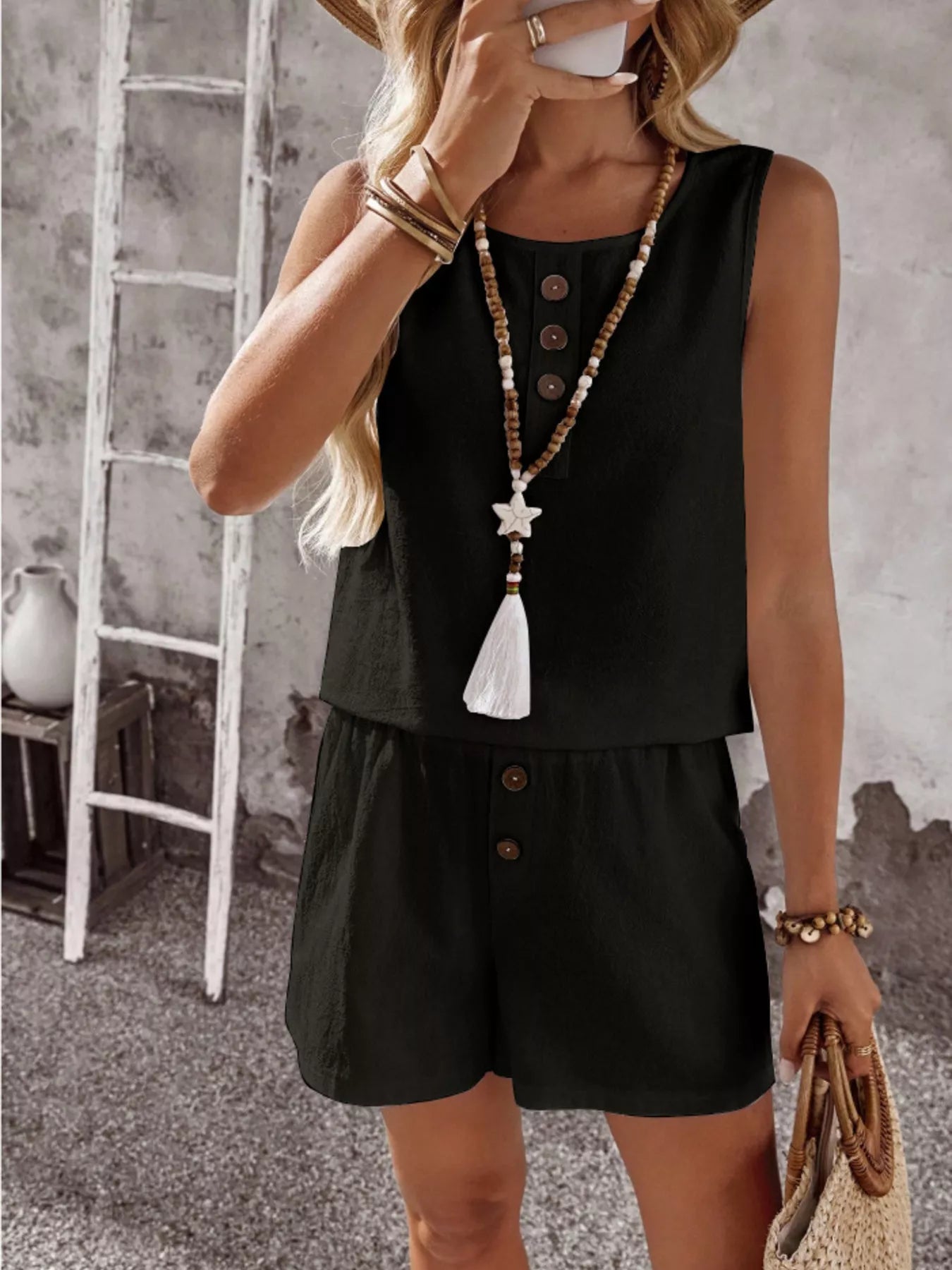 Decor Button Round Neck Tank and Shorts Set