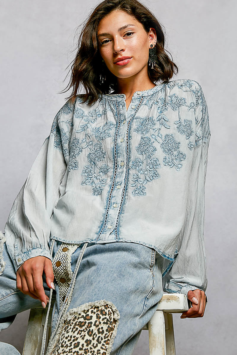 POL Floral Embroidered Button Down Long Sleeve Shirt
