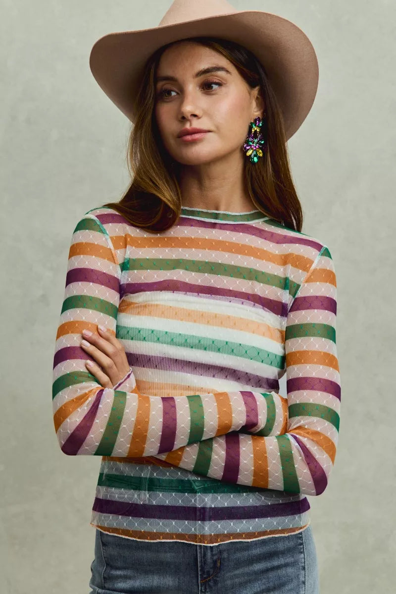 SO ME Mardi Gras Color Stripe Stretch Mesh Top
