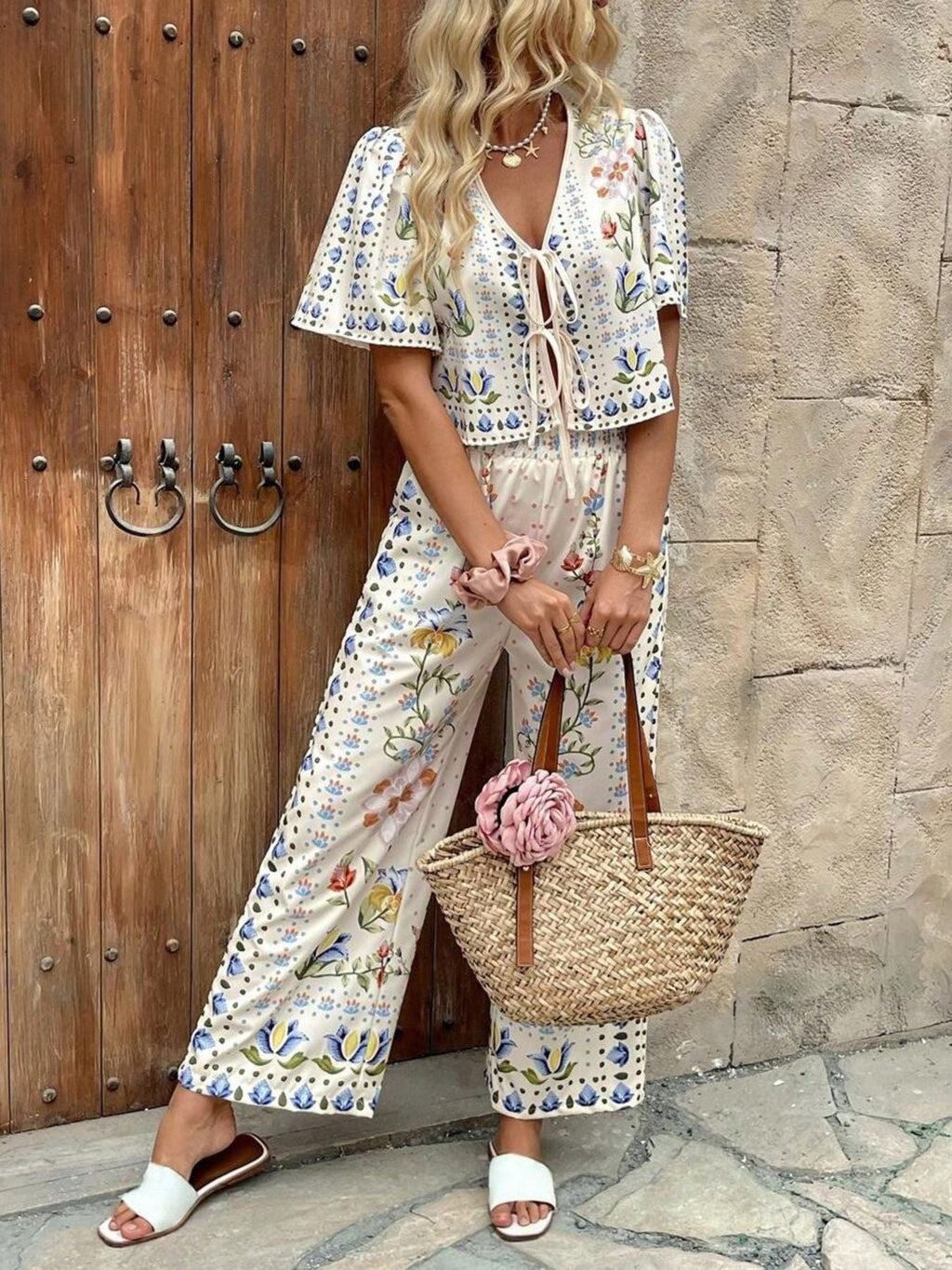 Floral Print Tie-Front Top and Pants Set