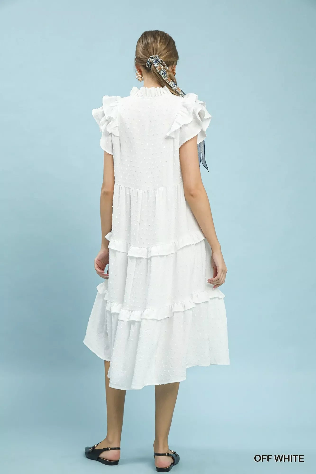 Umgee Textured Ruffle Sleeve Tiered Midi Dress