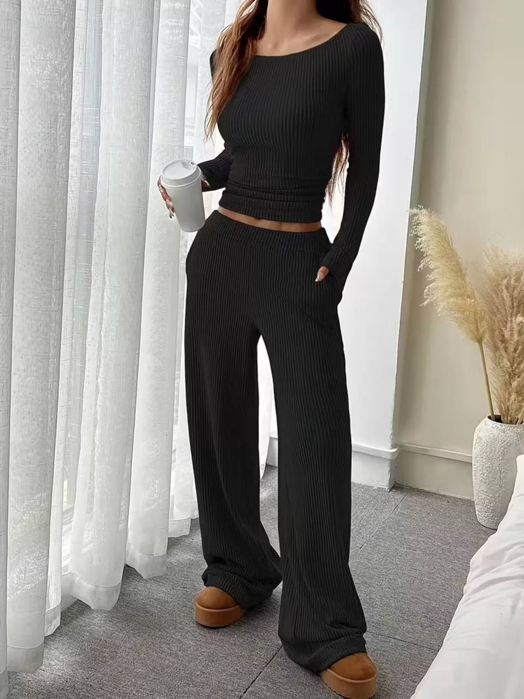 Ribbed Knit Boat Neck Top and Pants Set