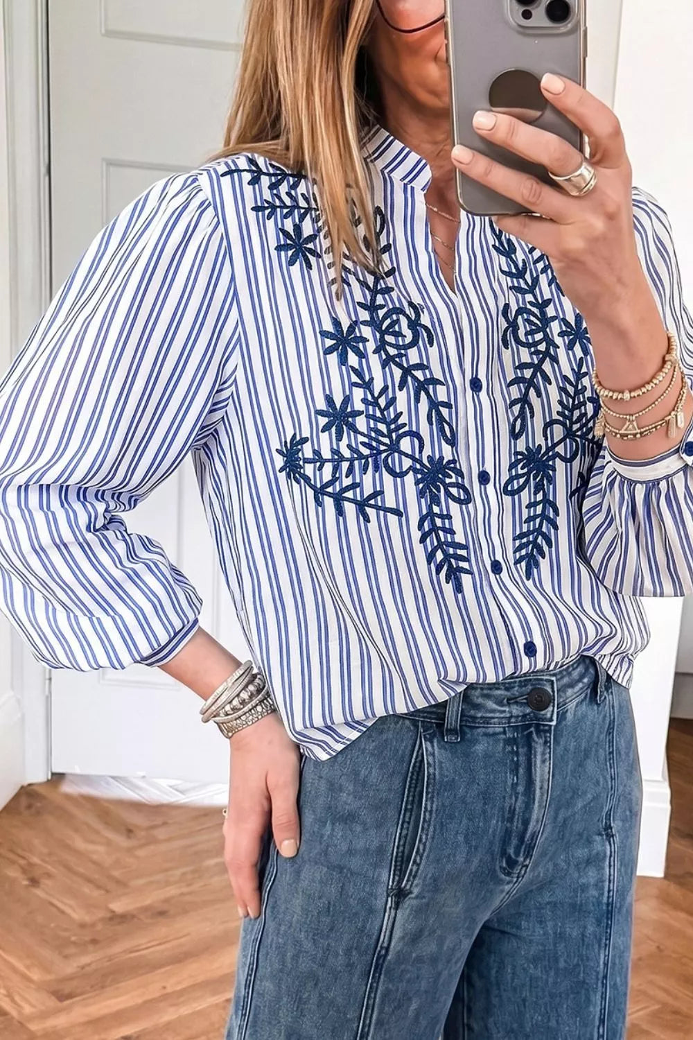 Stripe Embroidered Detail Button Front Long Sleeve Shirt