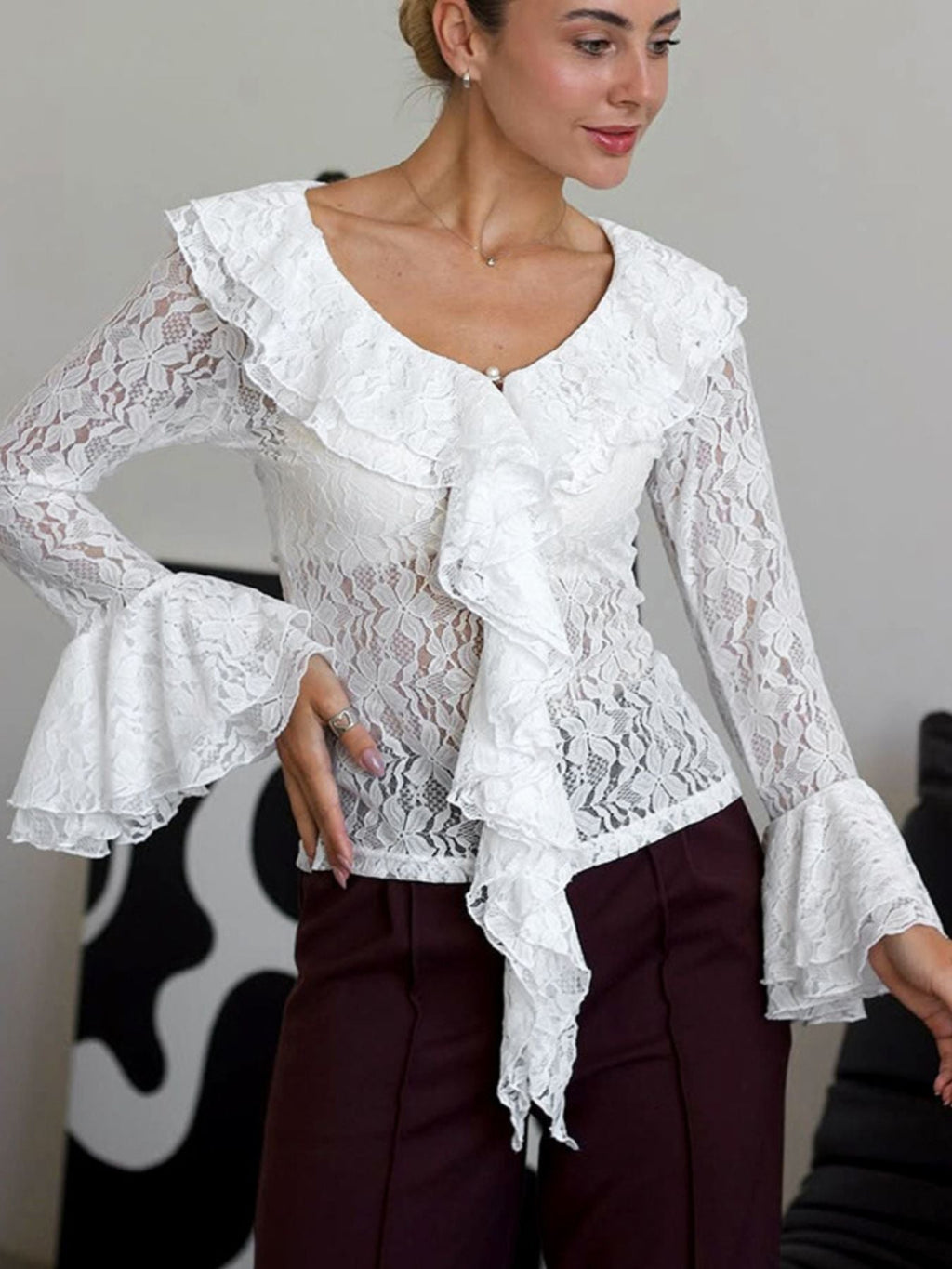 Ruffle Lace Flounce Sleeve Blouse