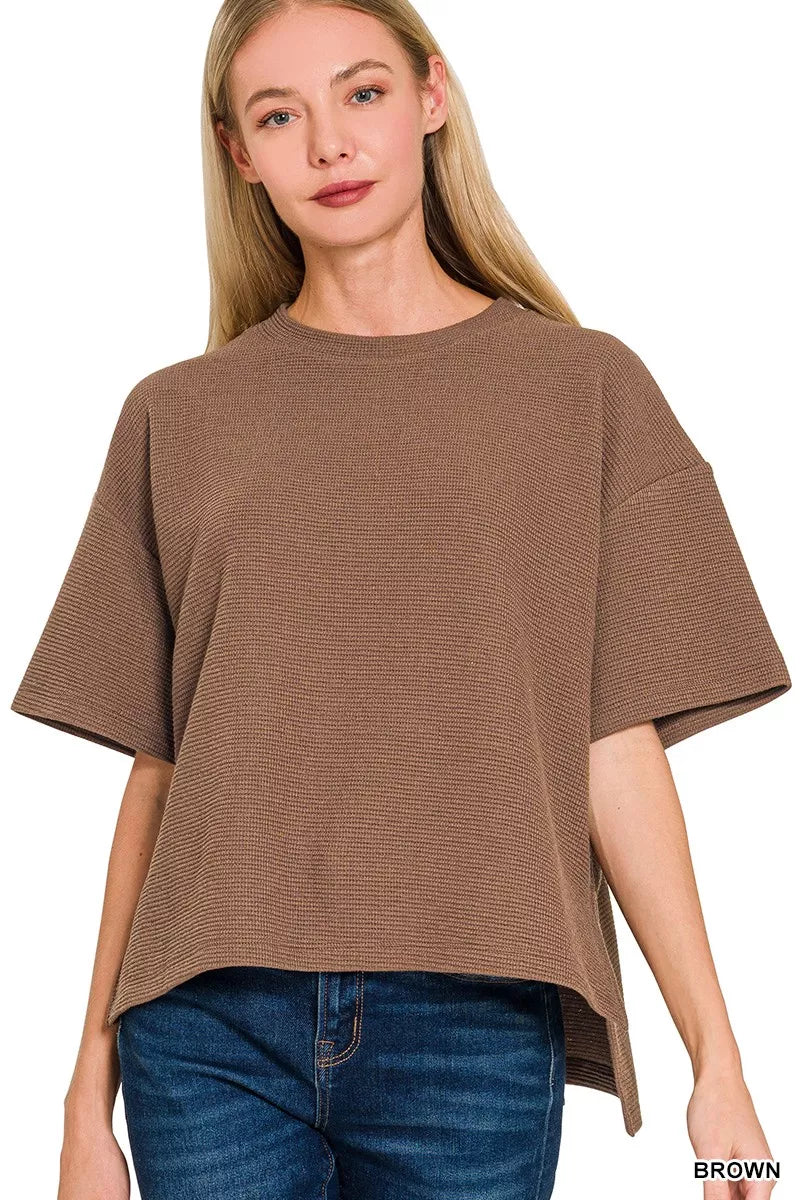 Zenana Full Size Double Knit Side Slits Hi Low Short Sleeve Top Plus Size
