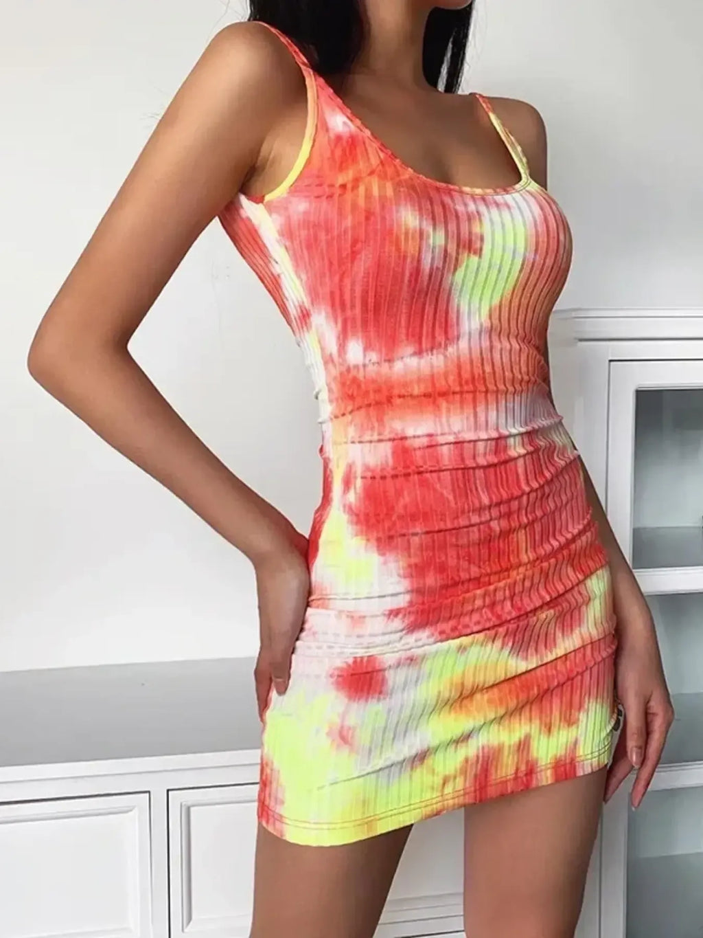 Tie-Dye Ribbed Mini Dress with Side Drawstring