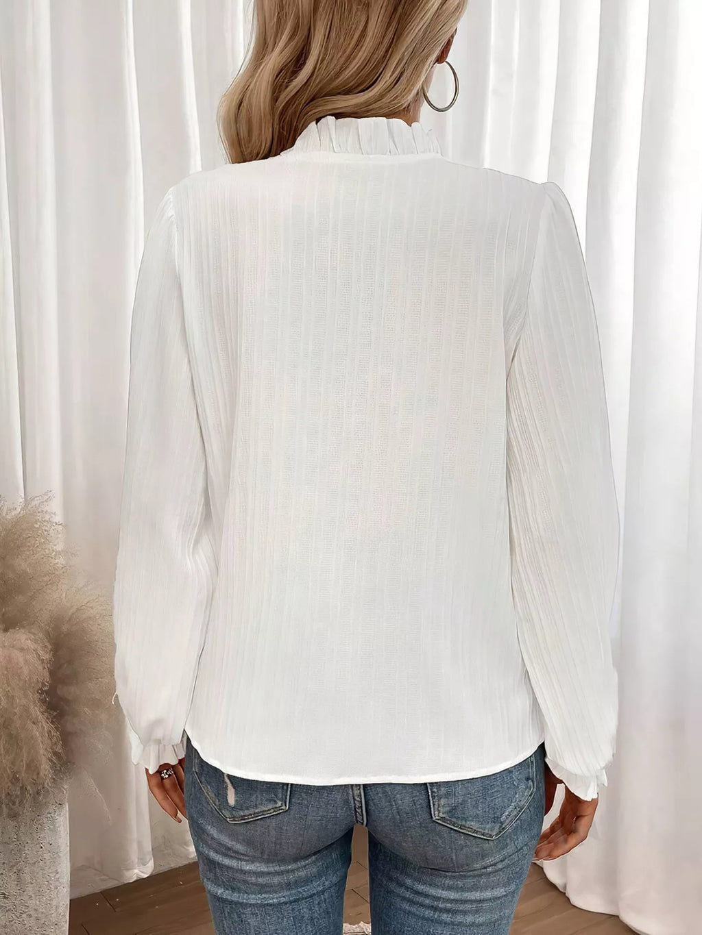 Ruffle Notched Long Sleeve Blouse