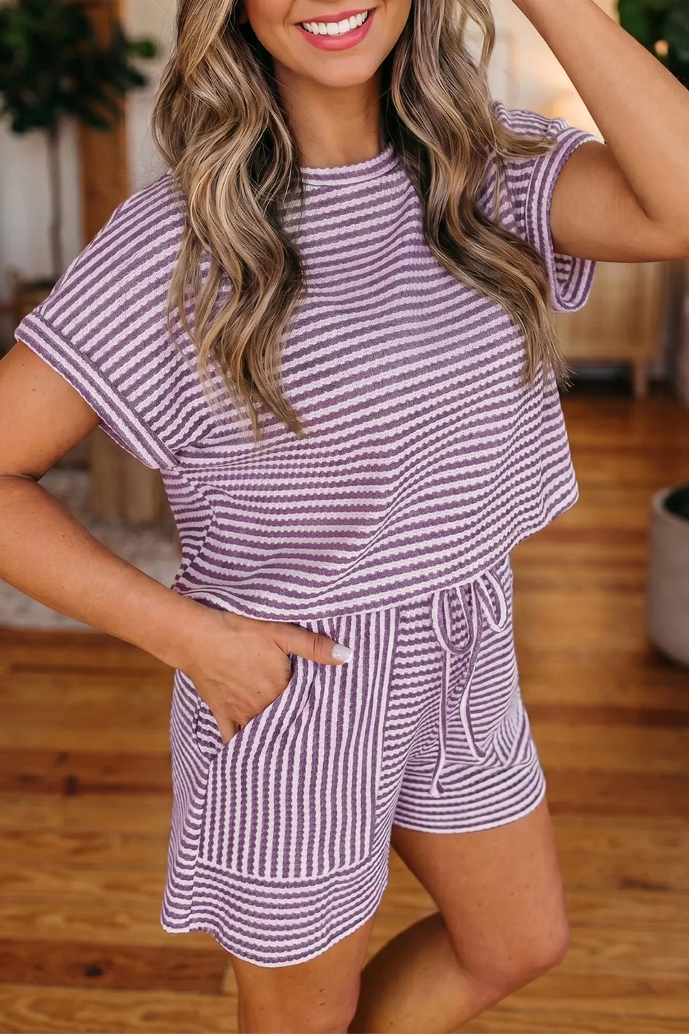 Stripe Breathable Textured Knit Short 2pcs Set
